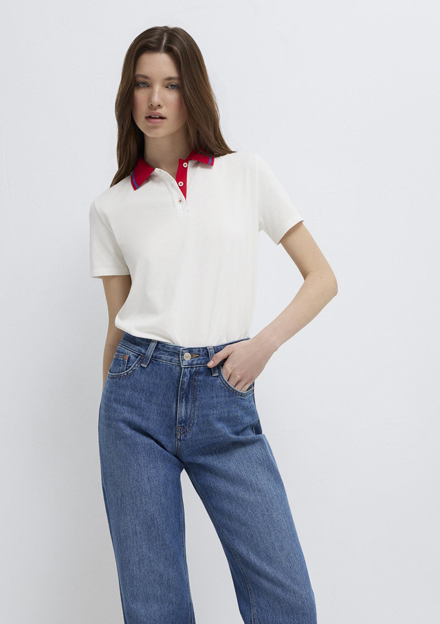 Mavi Yaka Detaylı Ekru Polo Tişört Semi Slim Fit / Yarı Dar Kesim 1613916-70057