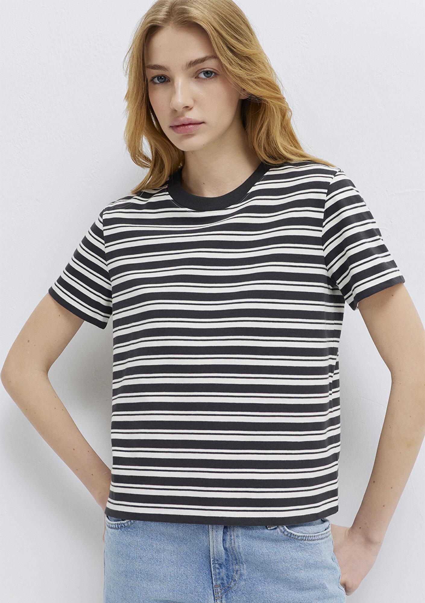 Mavi Çizgili Antrasit Tişört Slim Fit / Dar Kesim 1614216-85308