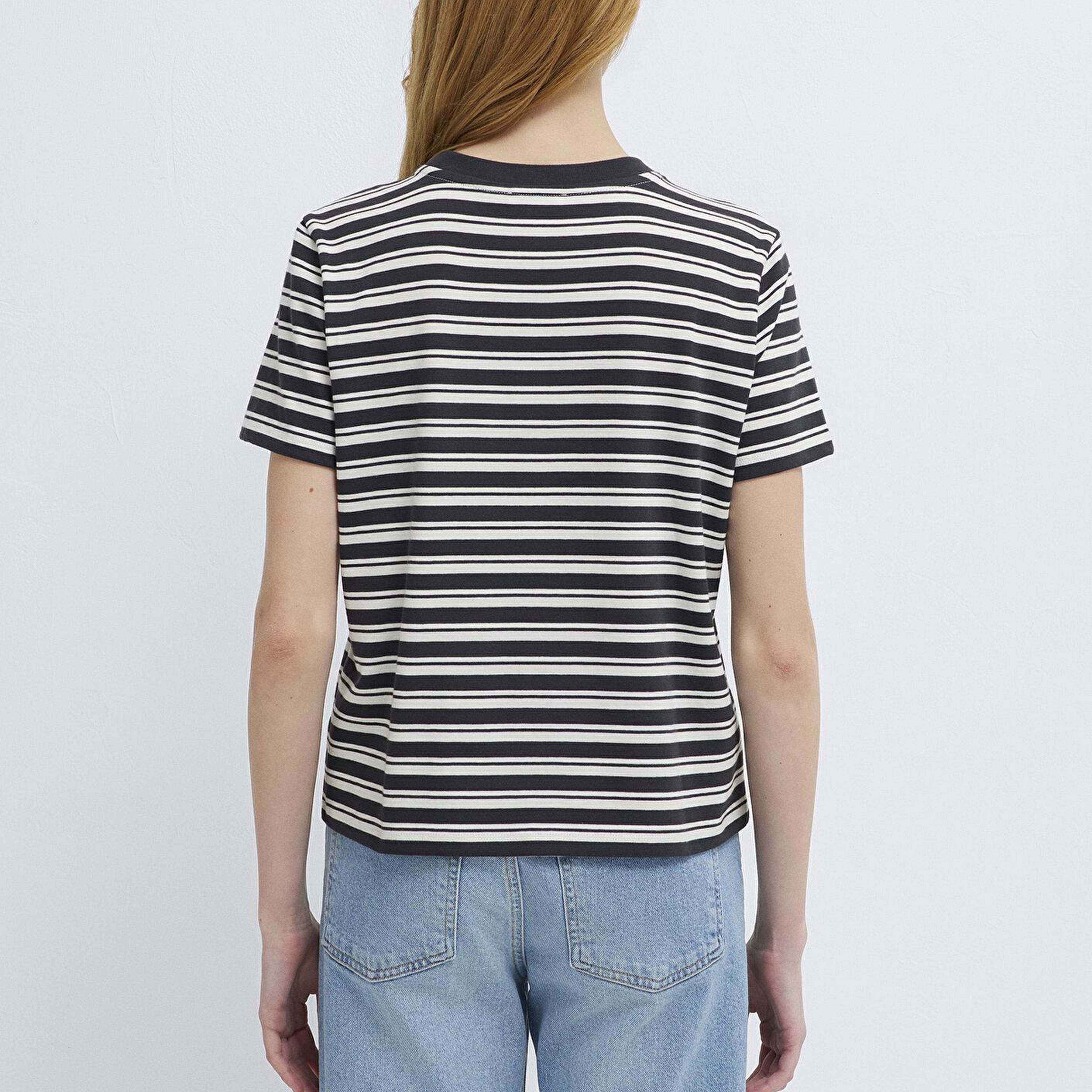 Mavi Çizgili Antrasit Tişört Slim Fit / Dar Kesim 1614216-85308