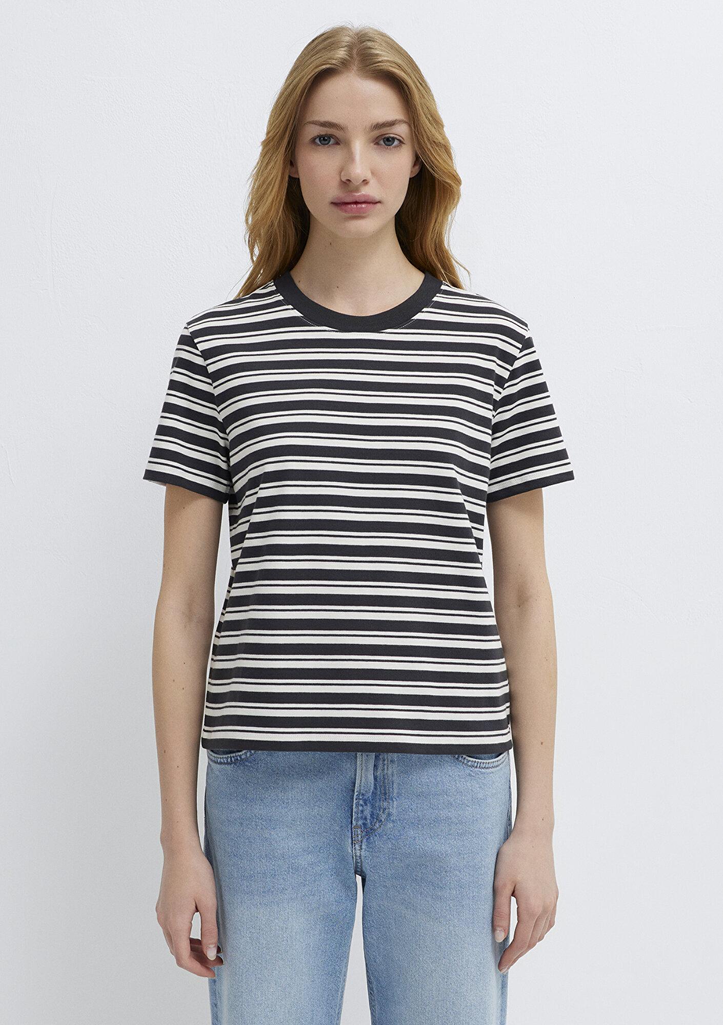 Mavi Çizgili Antrasit Tişört Slim Fit / Dar Kesim 1614216-85308