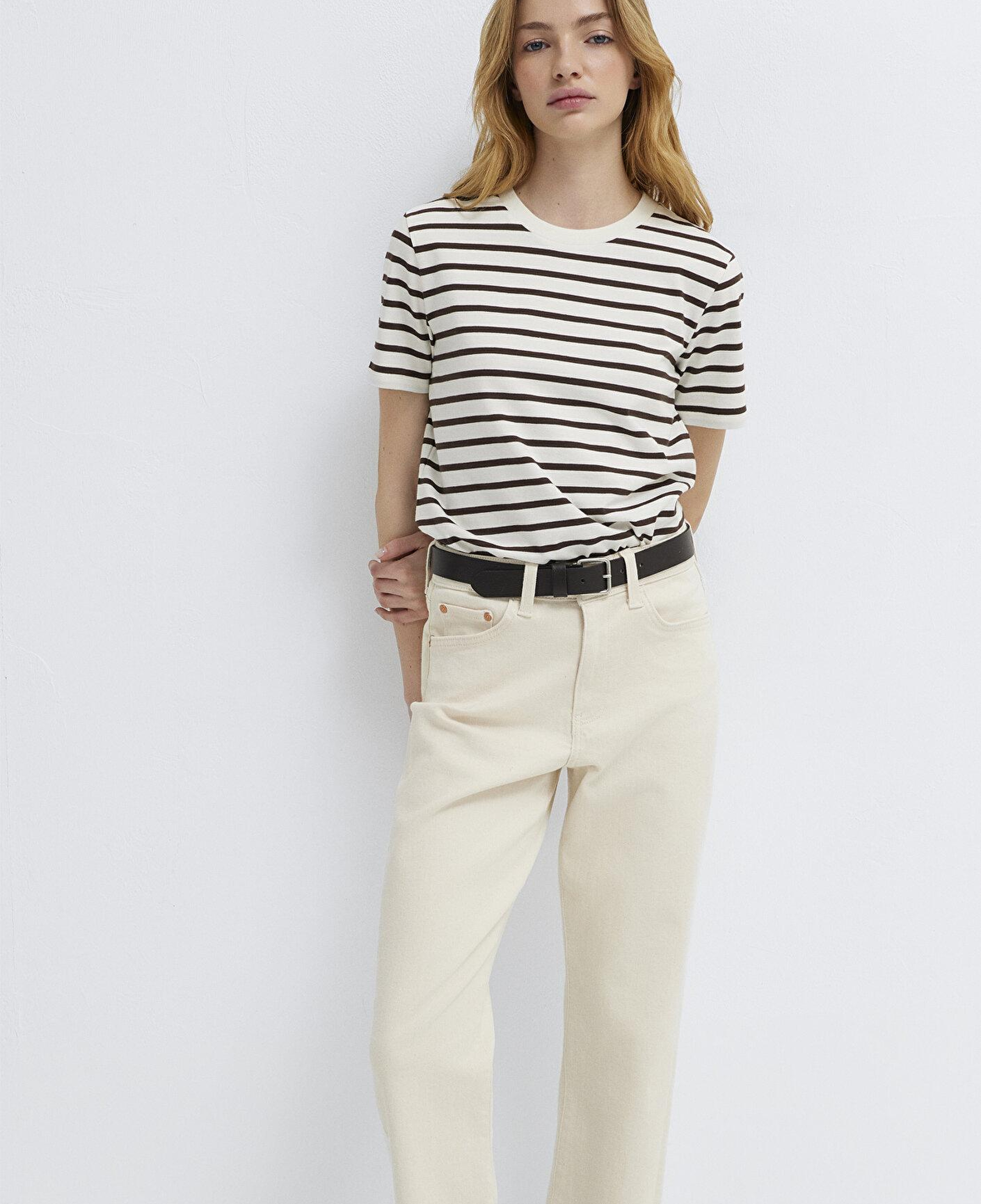 Mavi Çizigli Ekru Tişört Slim Fit / Dar Kesim 1614216-86687