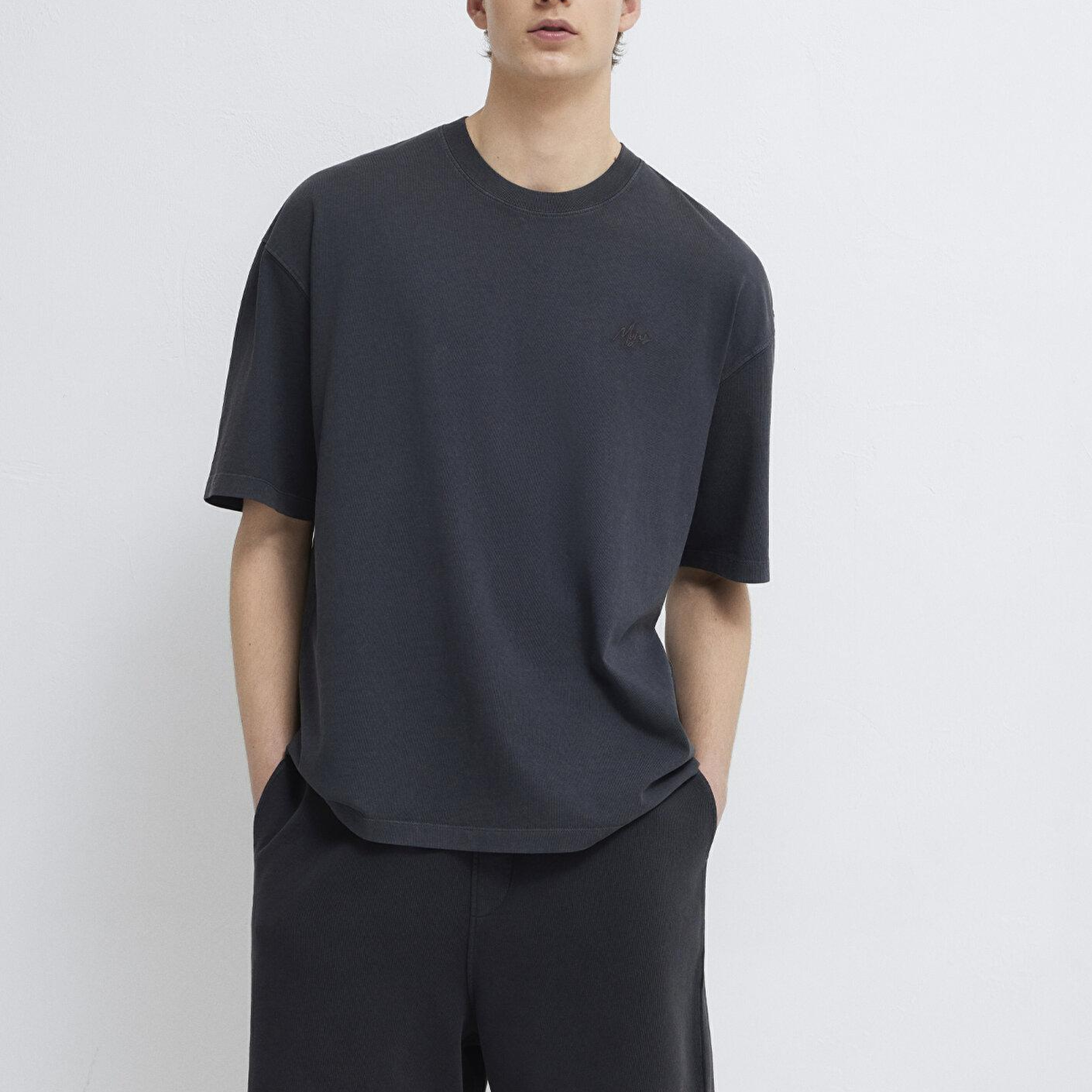 Mavi Antrasit Tişört Oversize / Geniş Kesim 0613617-80106