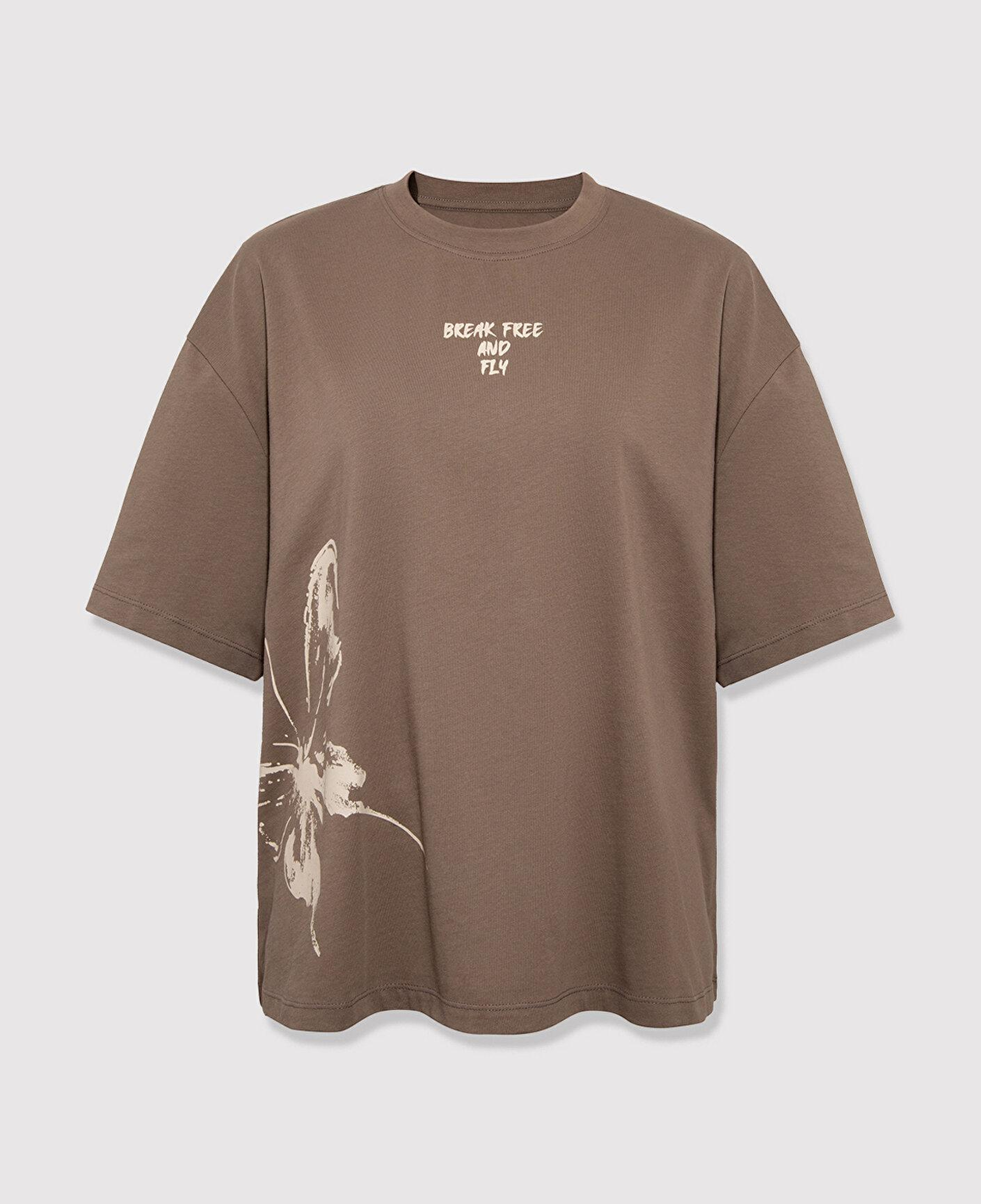 Mavi Kelebek Baskılı Kahverengi Tişört Boxy Fit 1613872-83866