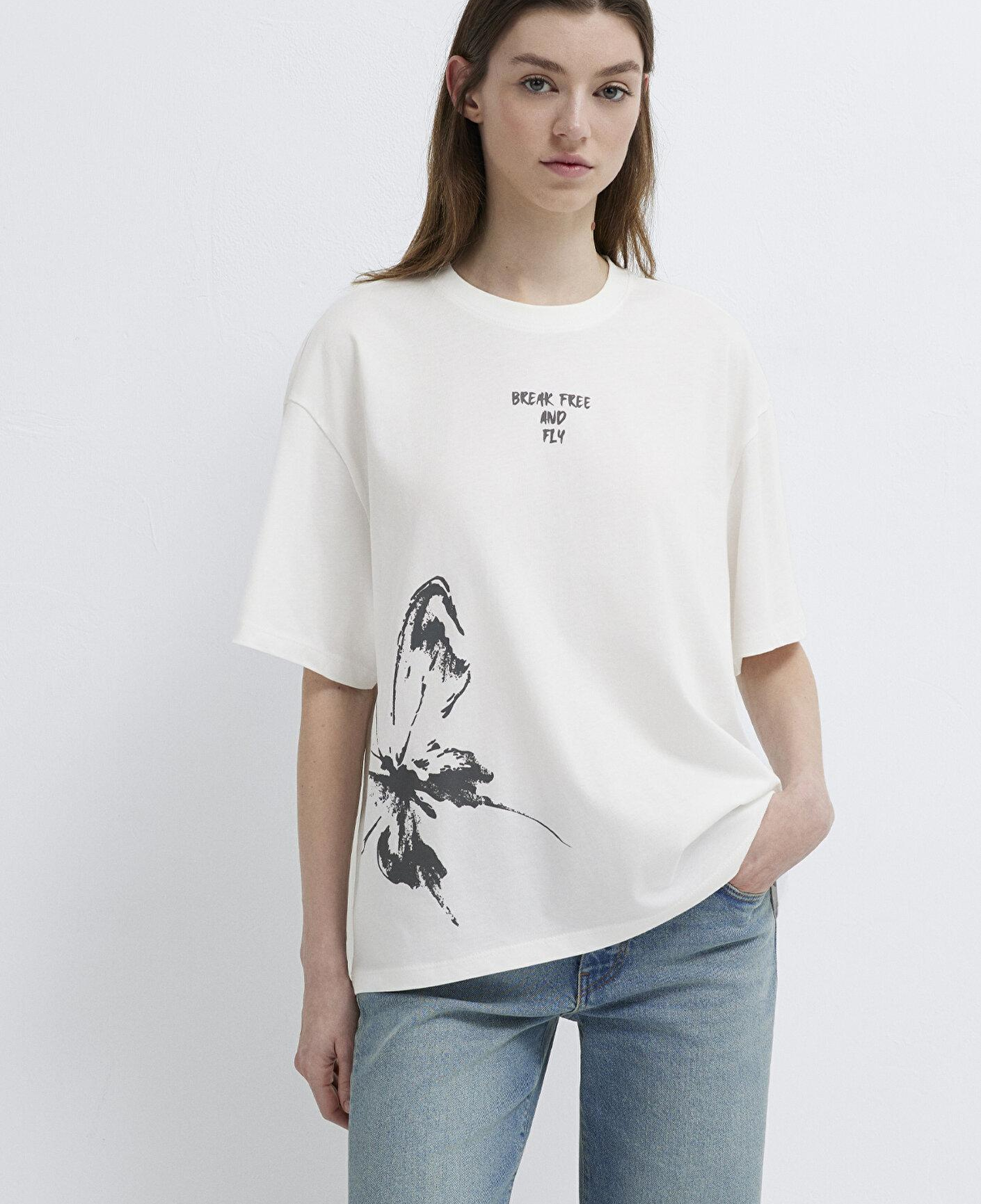 Mavi Kelebek Baskılı Ekru Tişört Boxy Fit 1613872-80194