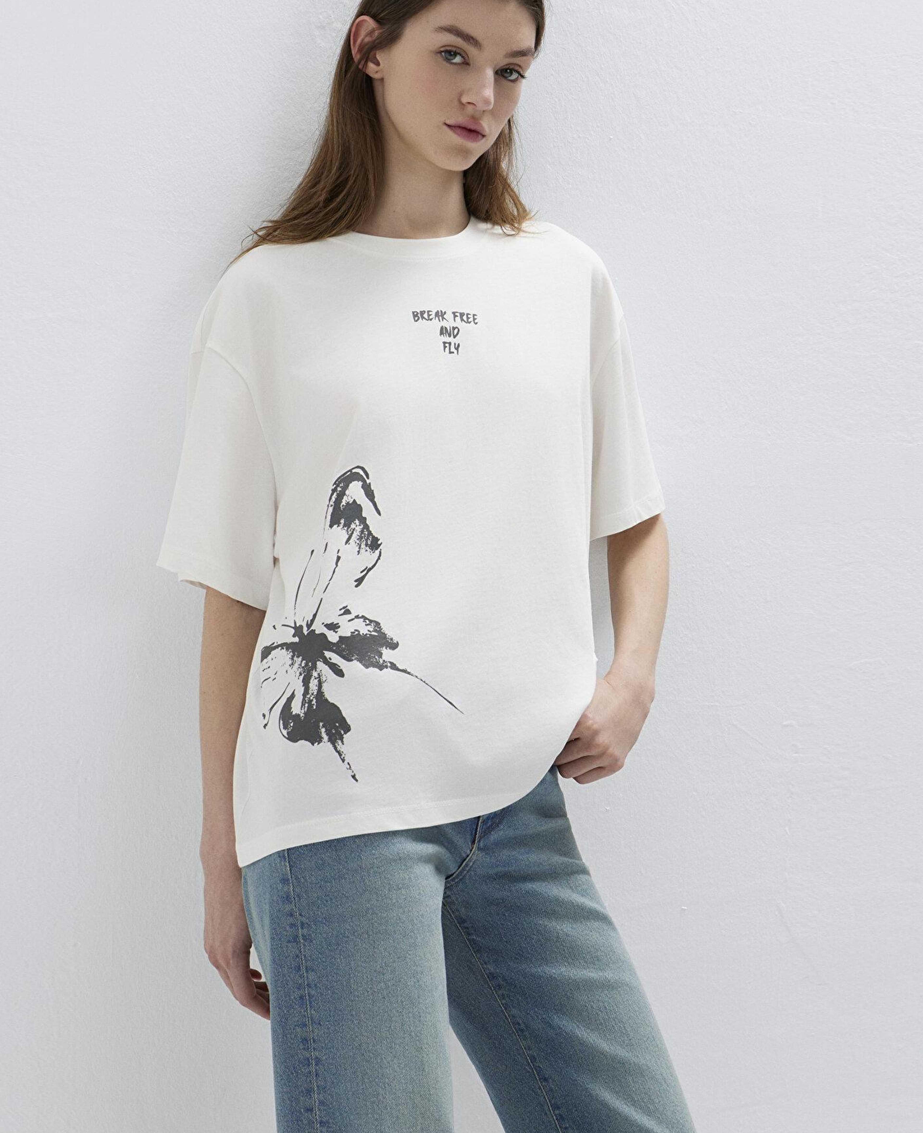 Mavi Kelebek Baskılı Ekru Tişört Boxy Fit 1613872-80194