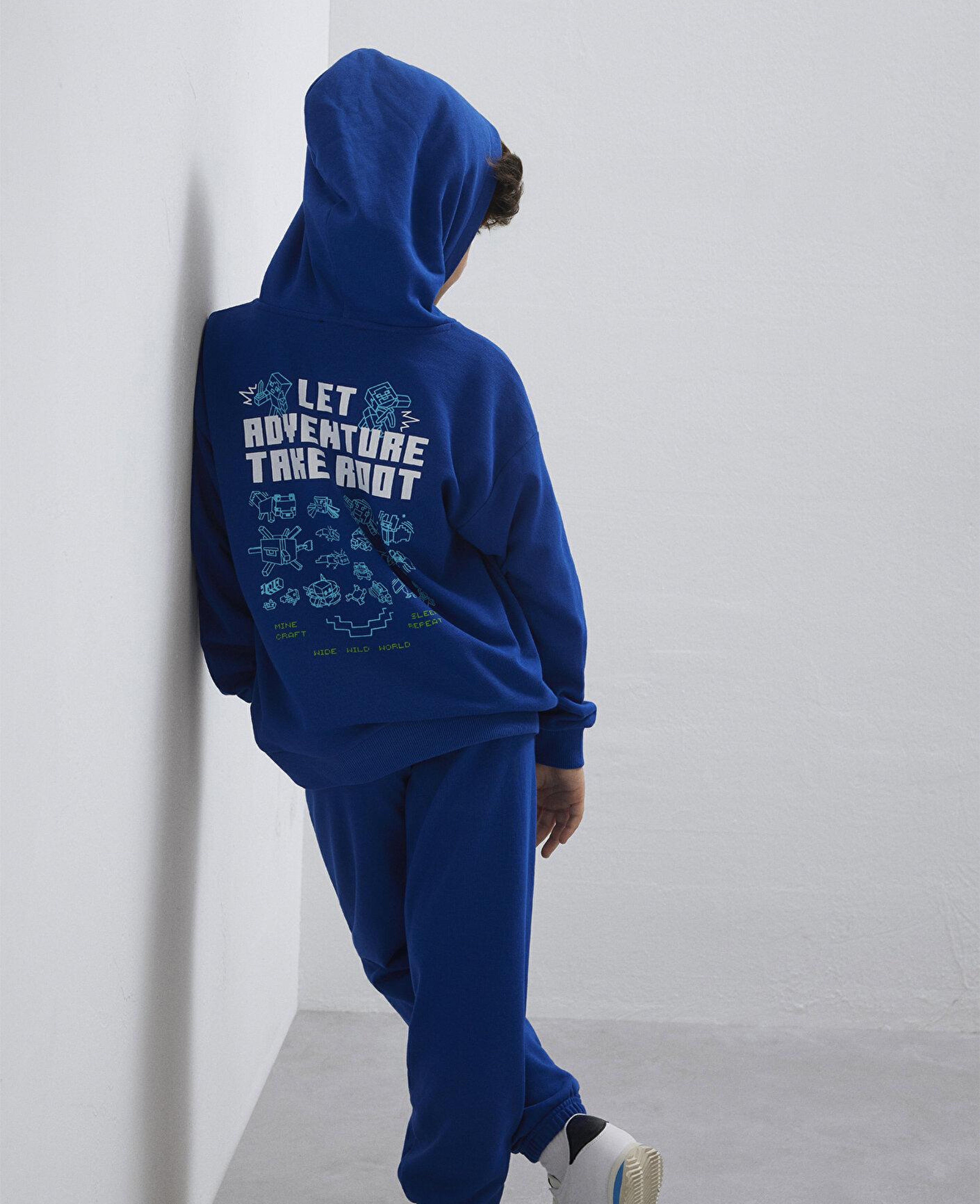 Mavi Minecraft Baskılı Kapüşonlu Mavi Sweatshirt 6S10180-70907