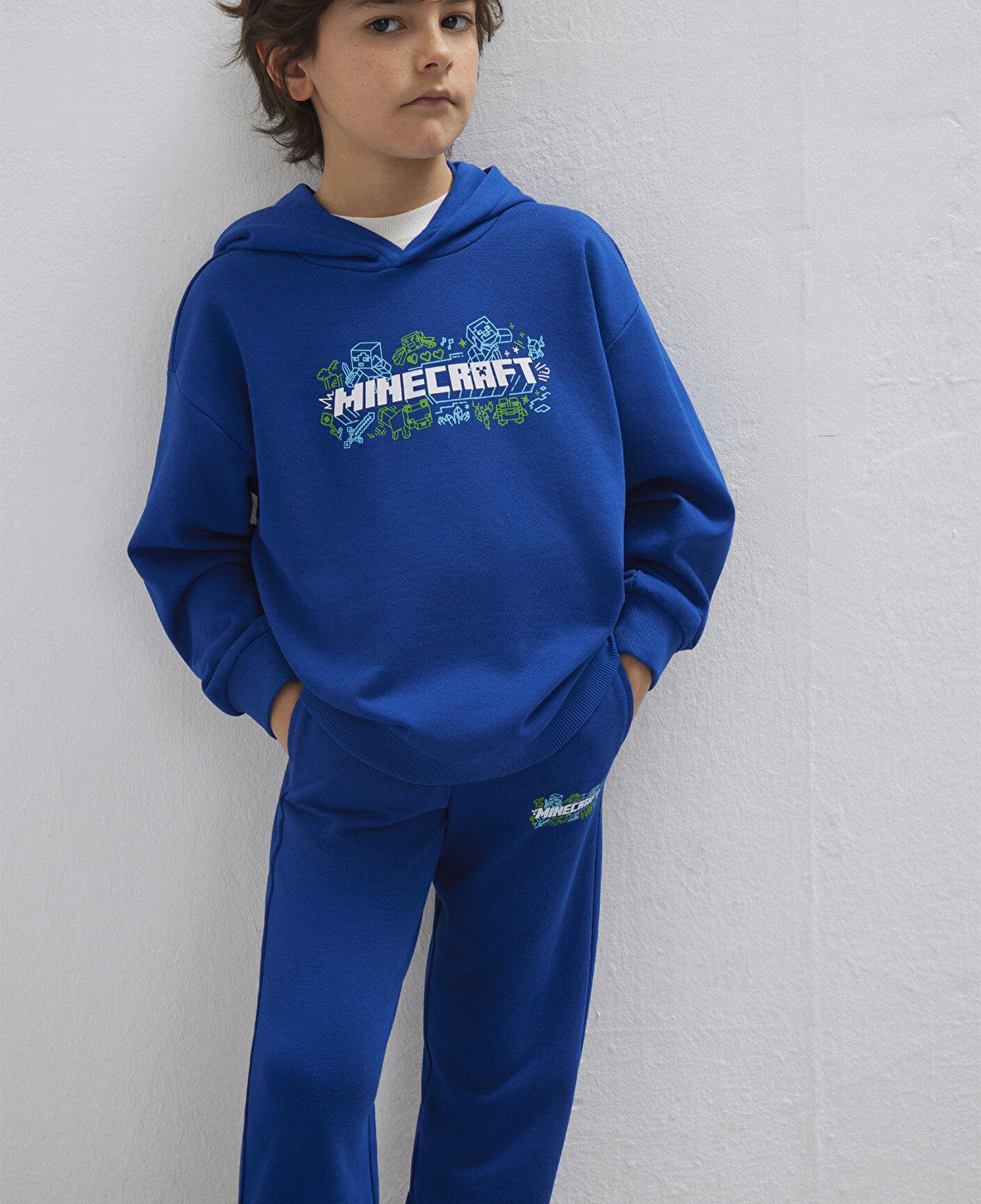 Mavi Minecraft Baskılı Kapüşonlu Mavi Sweatshirt 6S10180-70907