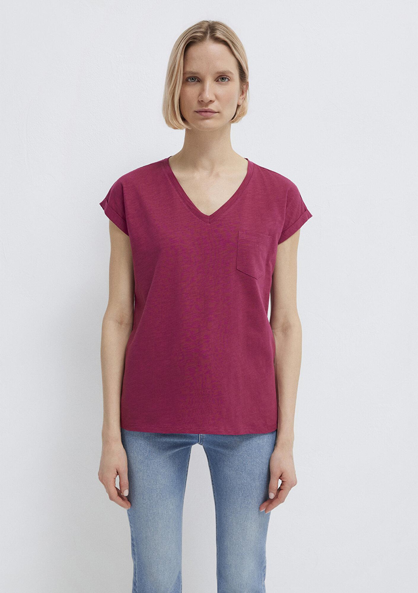Mavi V Yaka Pembe Basic Tişört Loose Fit / Bol Rahat Kesim 1600961-70919