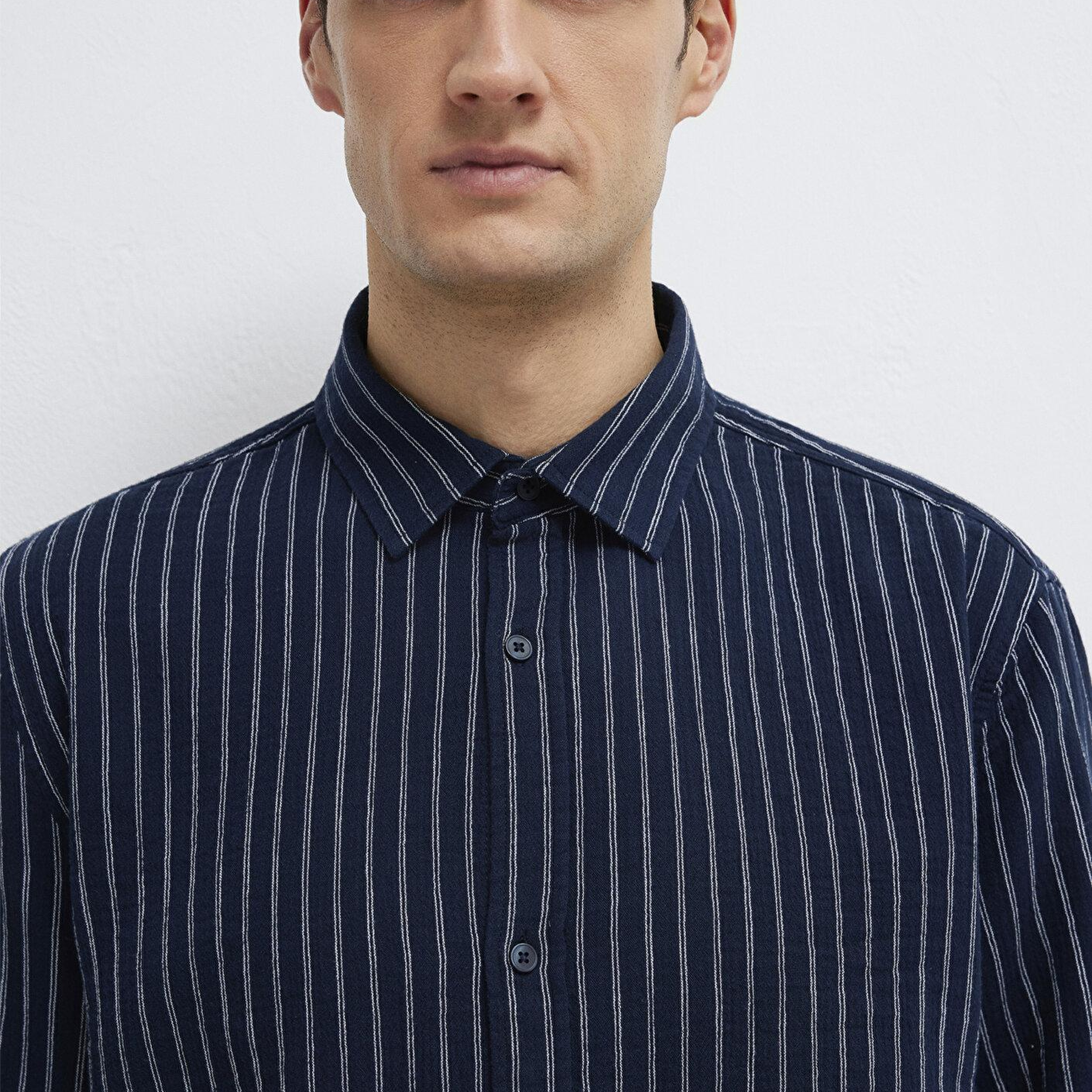Mavi Çizgili Lacivert Gömlek Loose Fit / Bol Rahat Kesim 0211969-91617