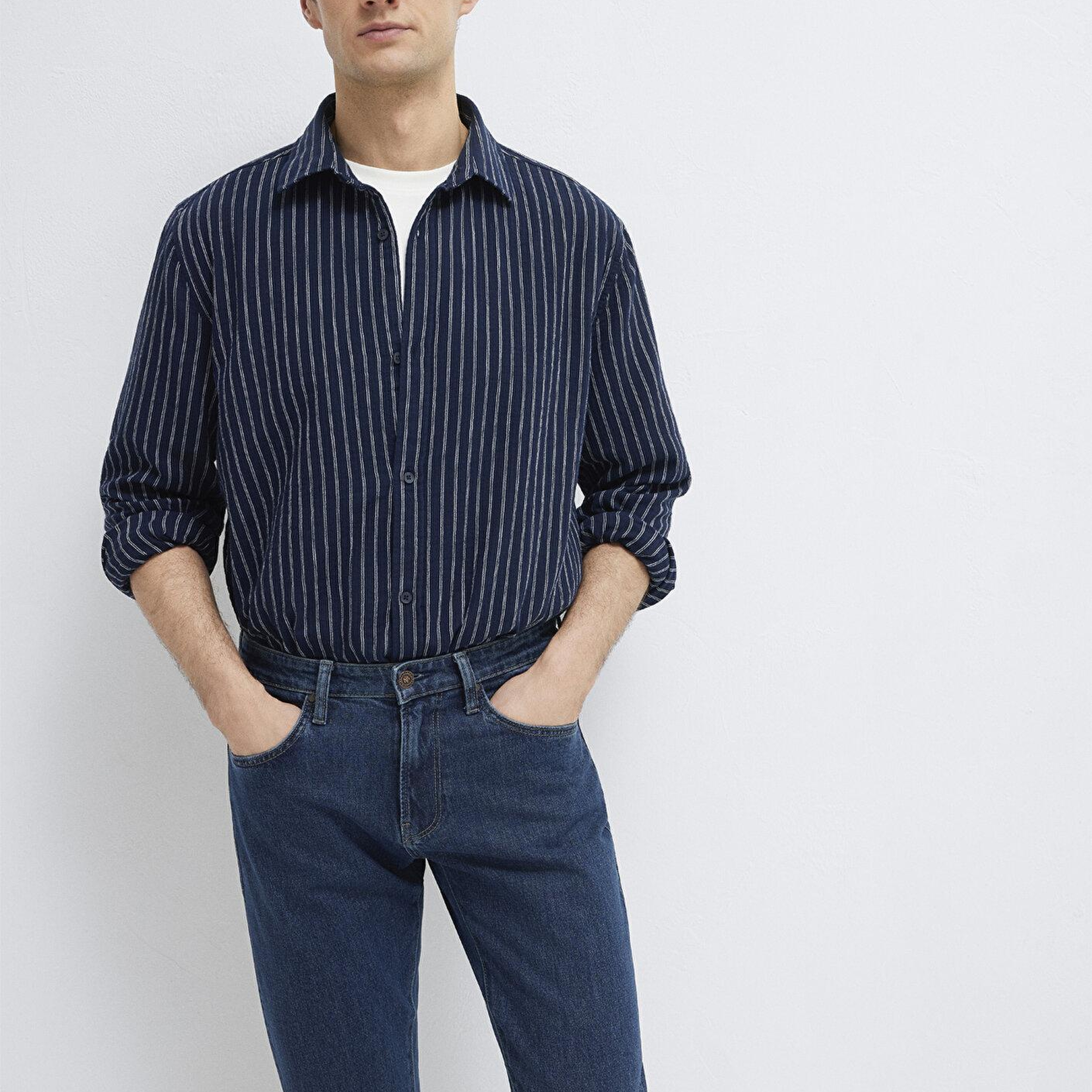Mavi Çizgili Lacivert Gömlek Loose Fit / Bol Rahat Kesim 0211969-91617