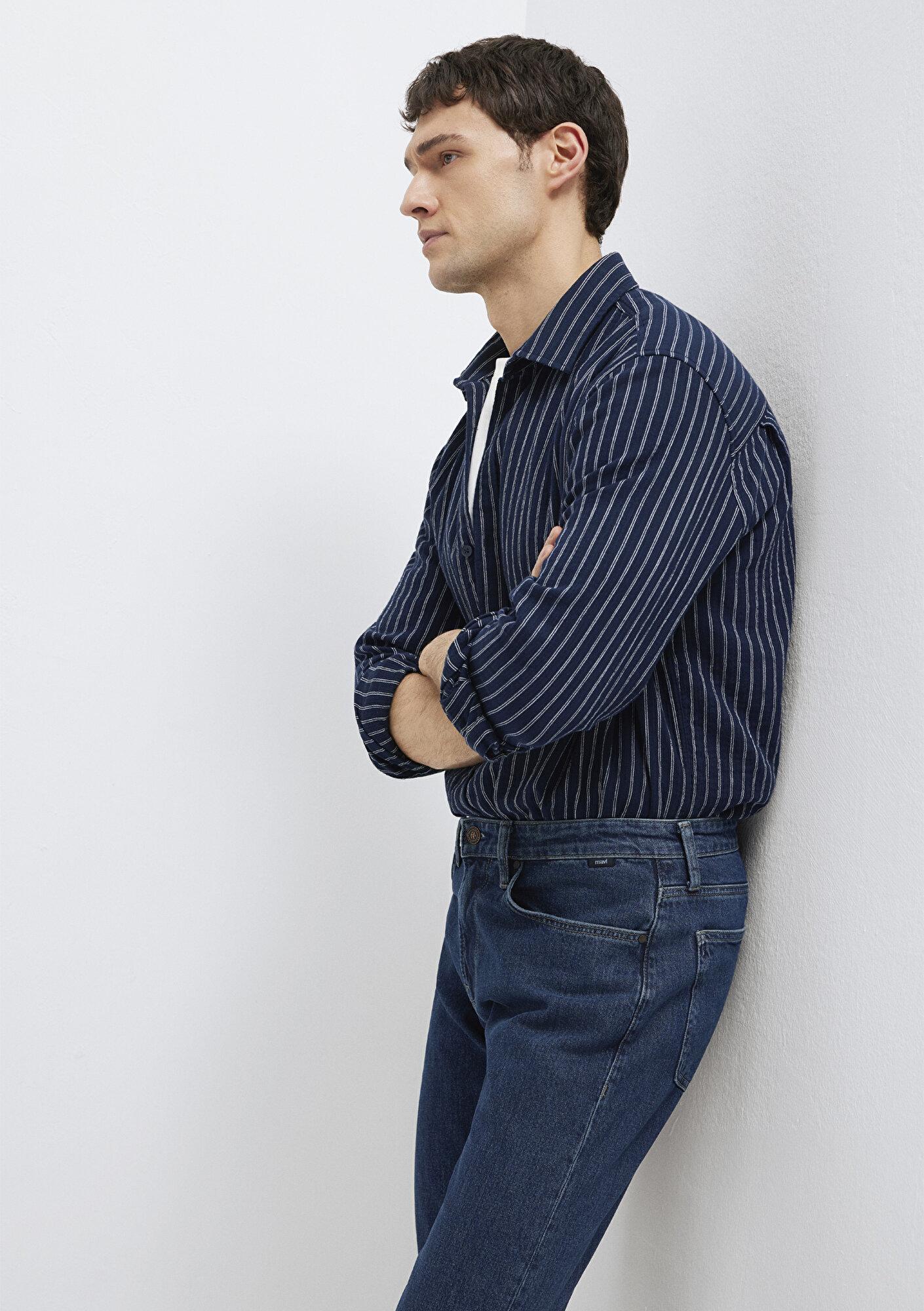 Mavi Çizgili Lacivert Gömlek Loose Fit / Bol Rahat Kesim 0211969-91617