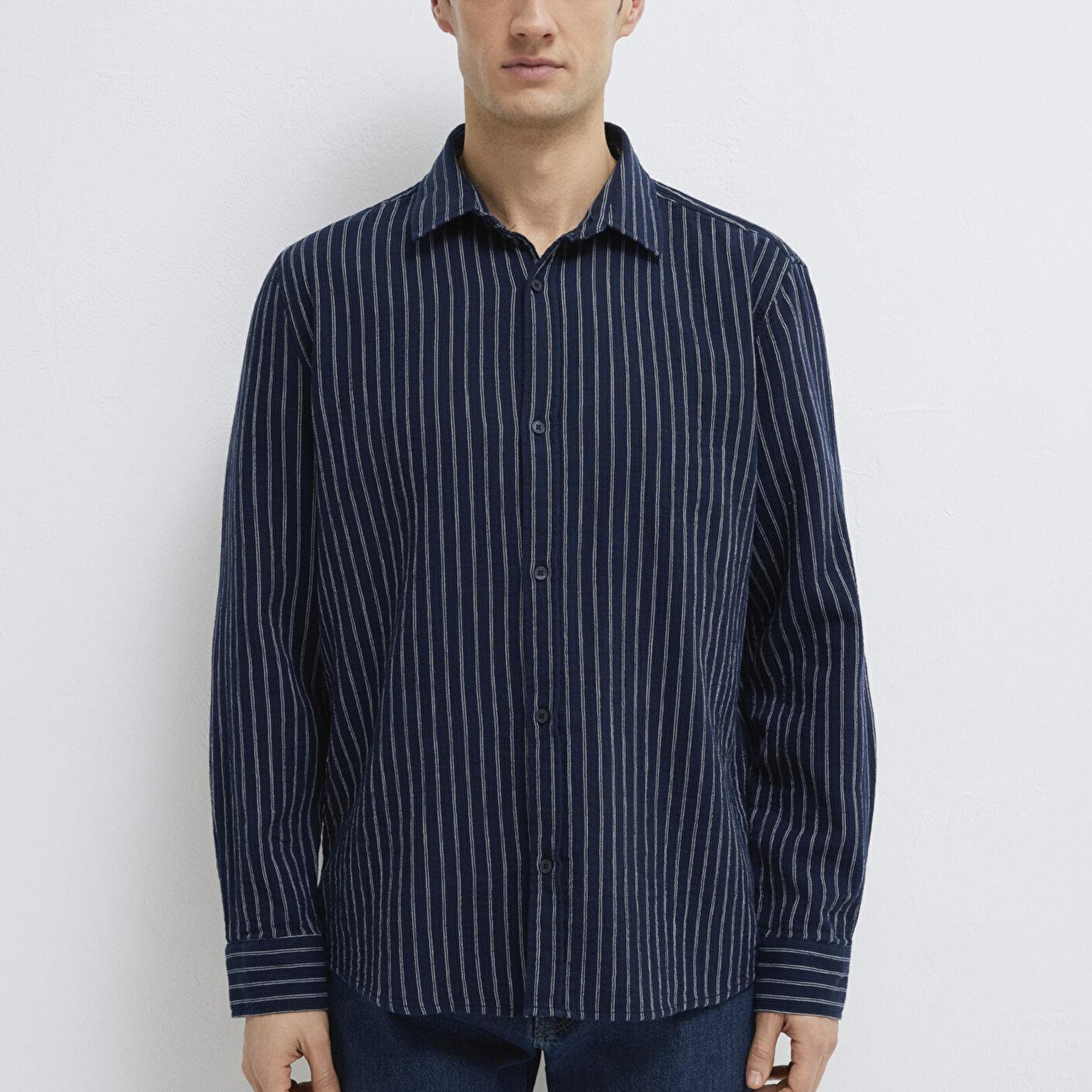 Mavi Çizgili Lacivert Gömlek Loose Fit / Bol Rahat Kesim 0211969-91617