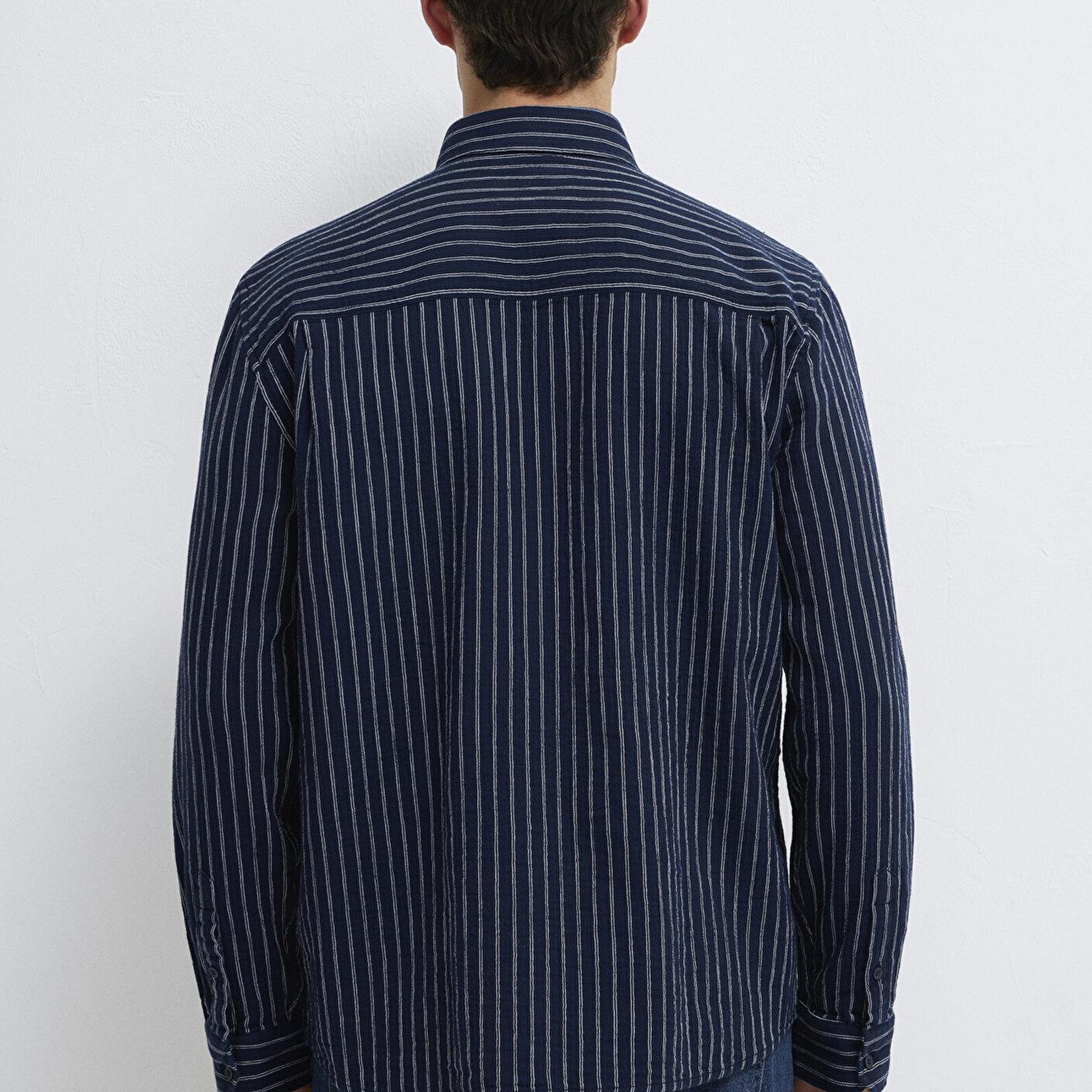 Mavi Çizgili Lacivert Gömlek Loose Fit / Bol Rahat Kesim 0211969-91617
