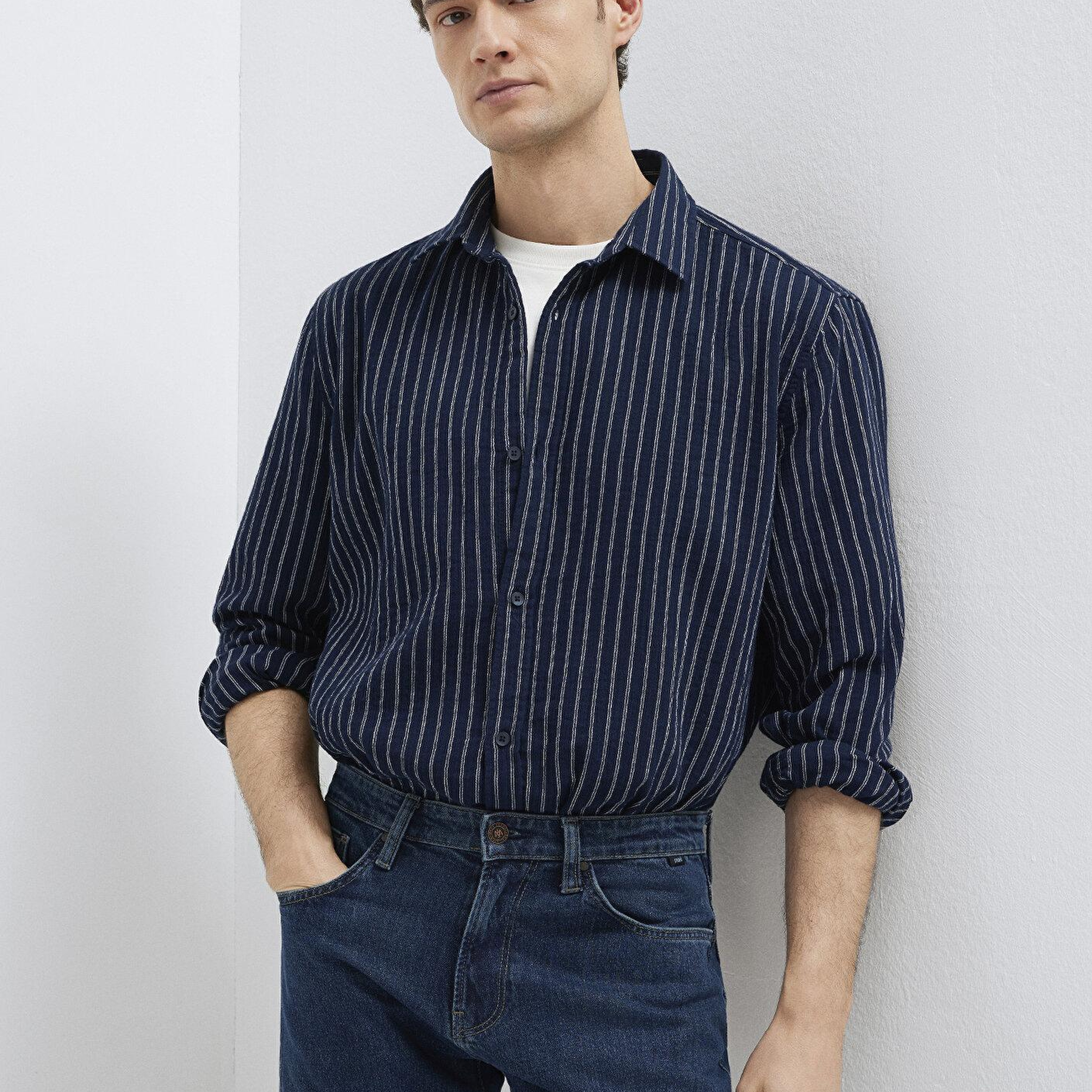 Mavi Çizgili Lacivert Gömlek Loose Fit / Bol Rahat Kesim 0211969-91617