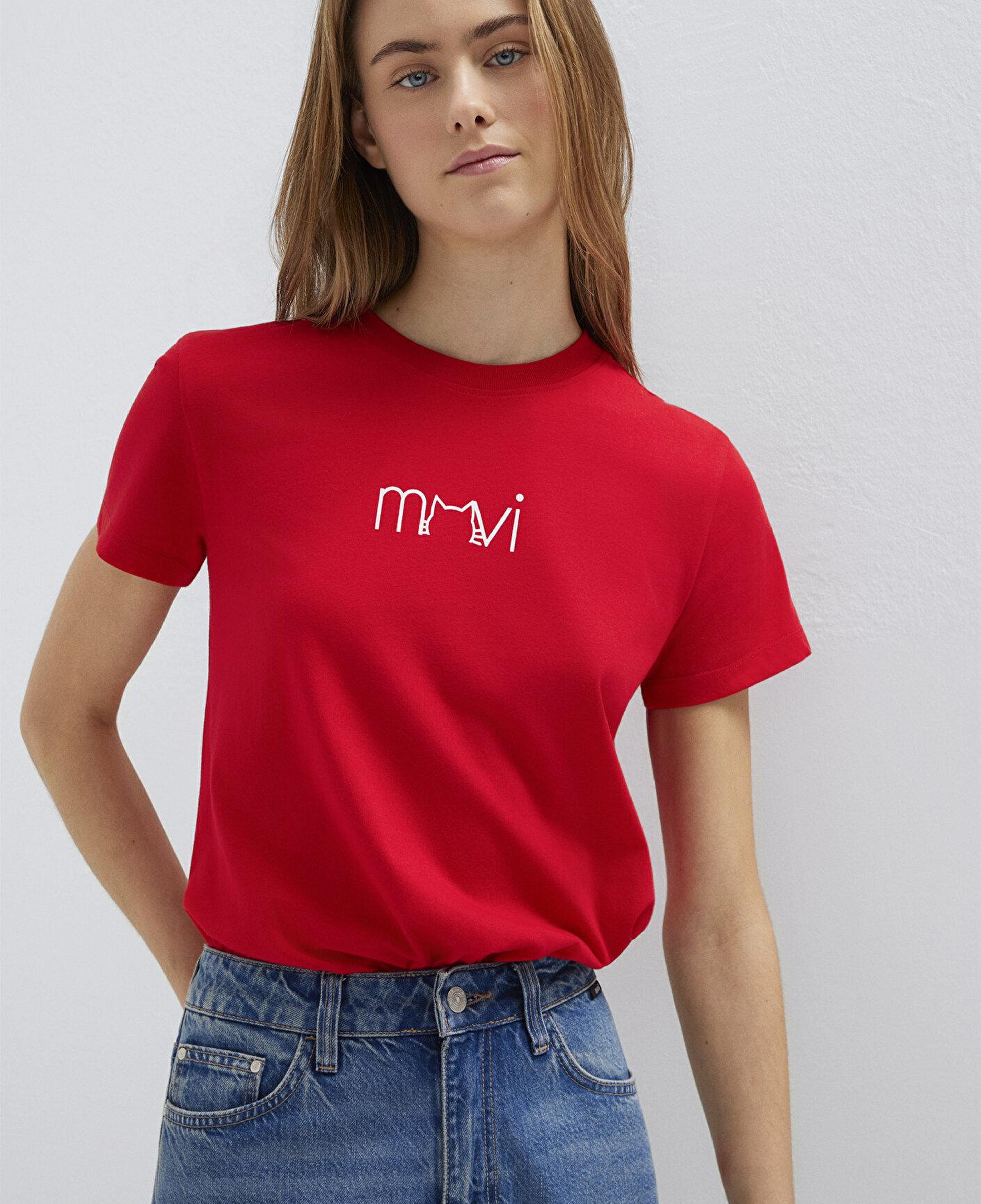 Mavi Mavi Kedi Baskılı Kırmızı Tişört Semi Slim Fit / Yarı Dar Kesim 1613387-82054