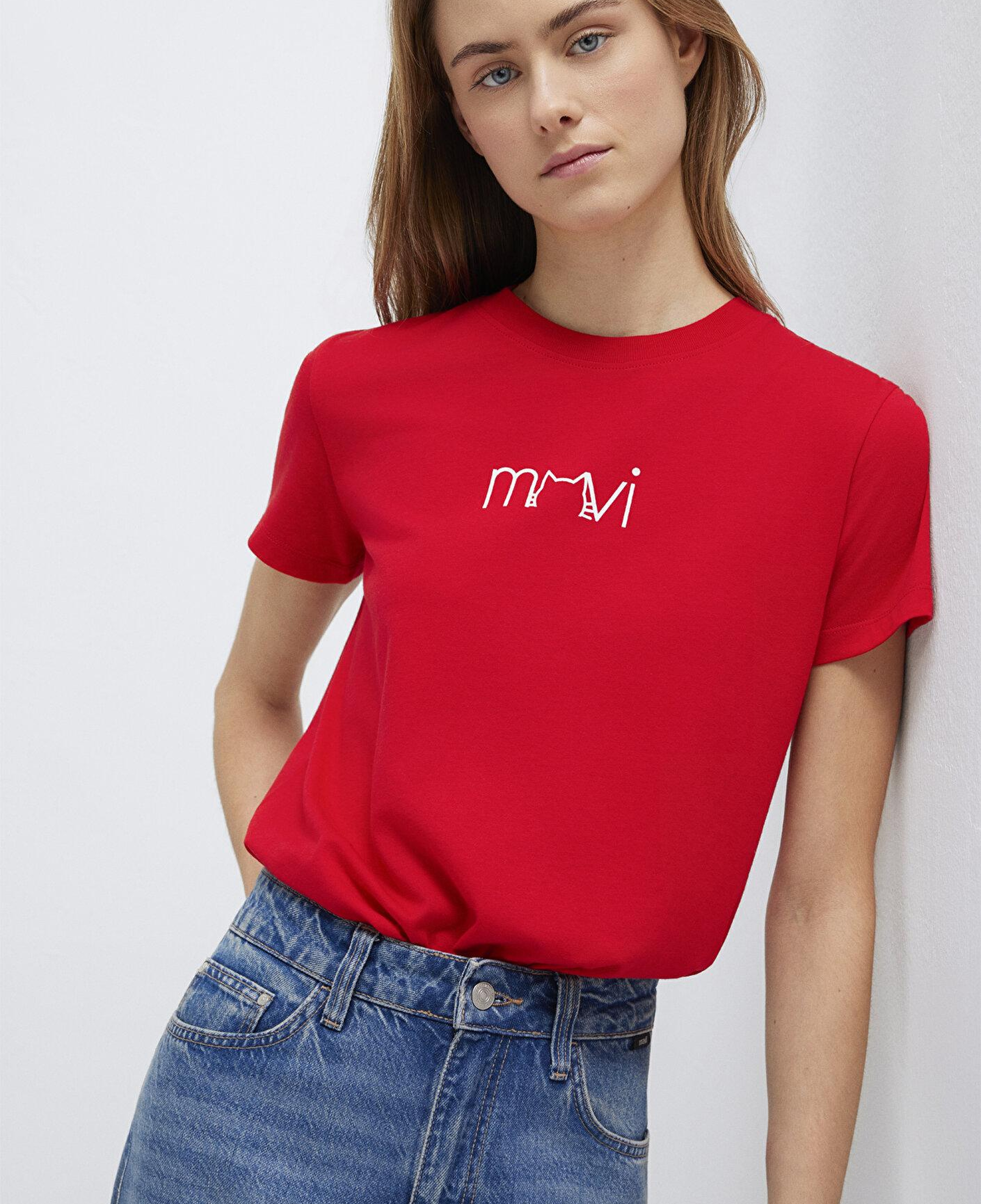 Mavi Mavi Kedi Baskılı Kırmızı Tişört Semi Slim Fit / Yarı Dar Kesim 1613387-82054