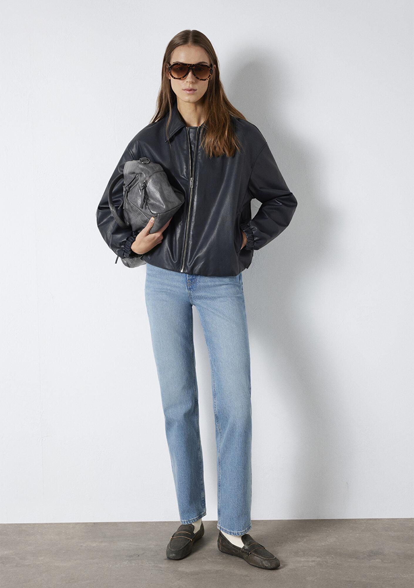 Mavi Lacivert Suni Deri Ceket Oversize / Geniş Kesim 1110614-90372