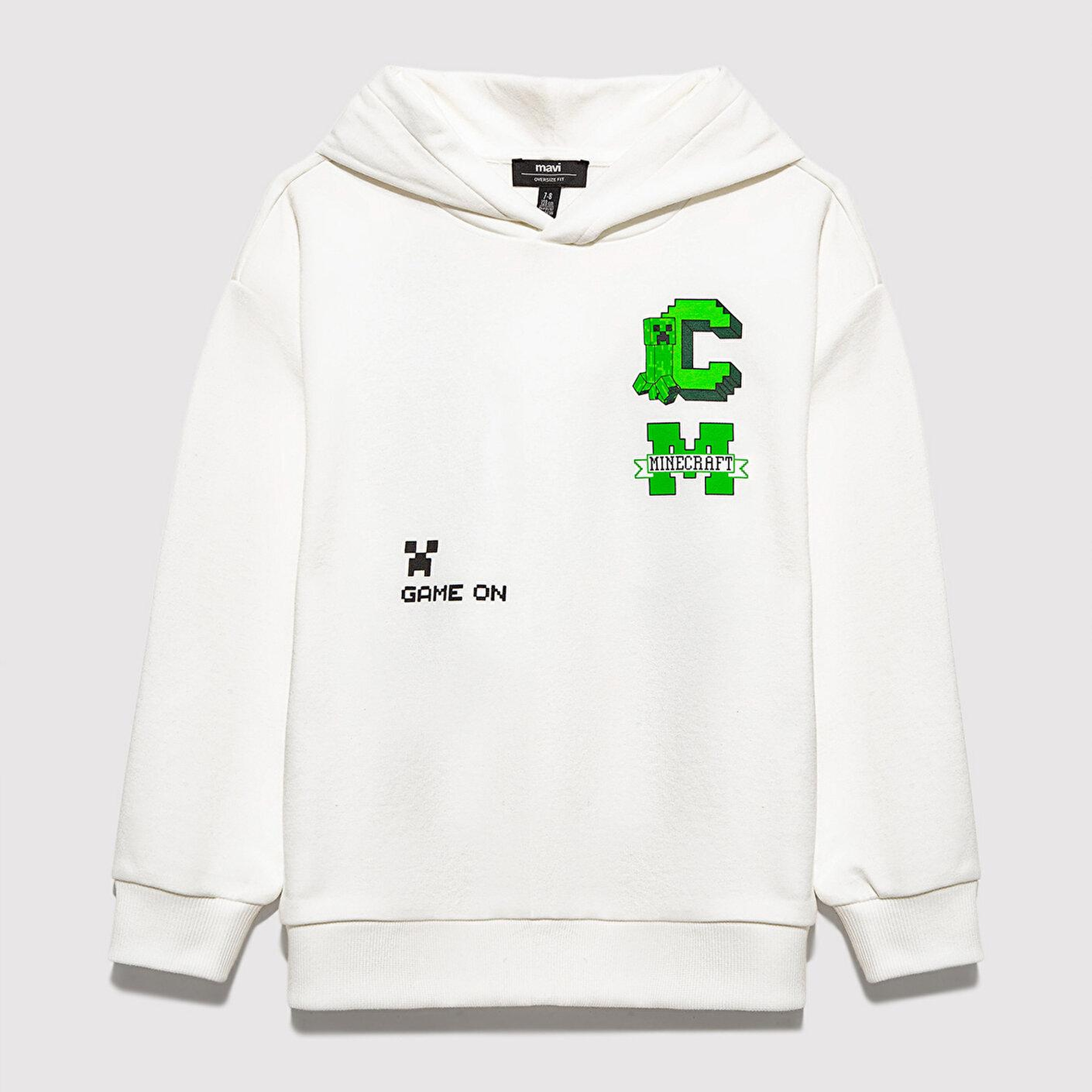 Mavi Minecraft Baskılı Kapüşonlu Ekru Sweatshirt. 6S10176-70057