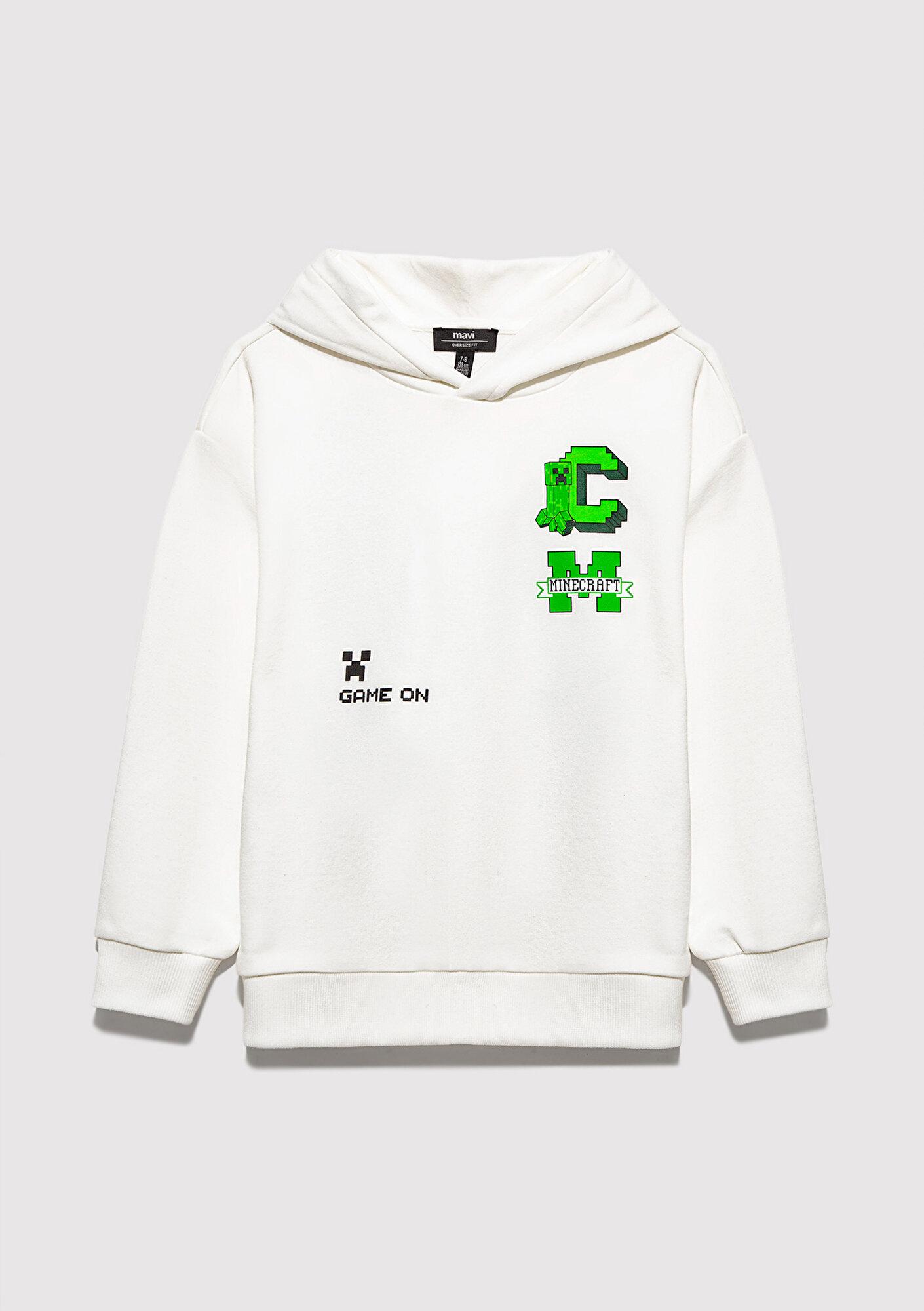 Mavi Minecraft Baskılı Kapüşonlu Ekru Sweatshirt. 6S10176-70057