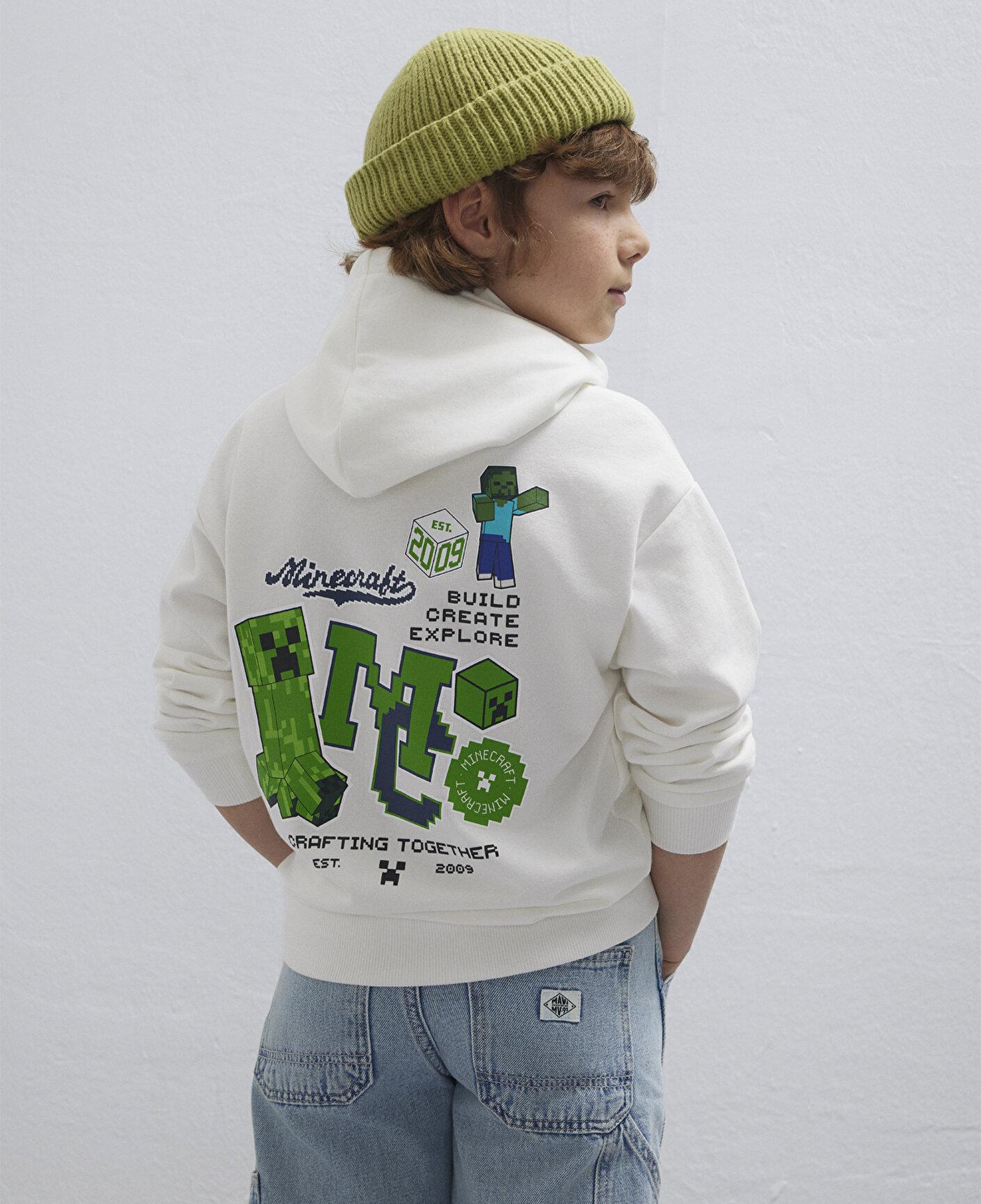 Mavi Minecraft Baskılı Kapüşonlu Ekru Sweatshirt. 6S10176-70057