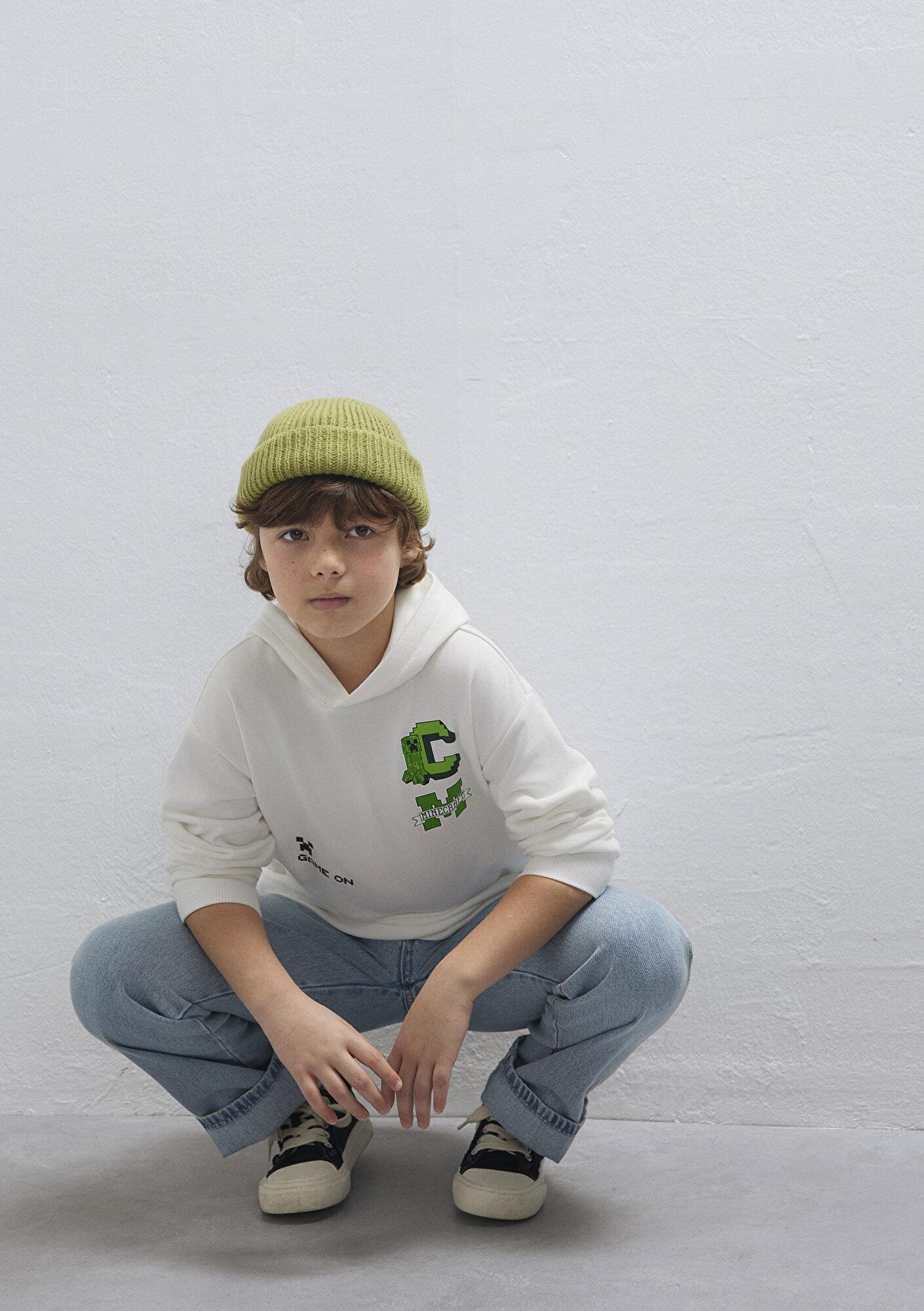 Mavi Minecraft Baskılı Kapüşonlu Ekru Sweatshirt. 6S10176-70057
