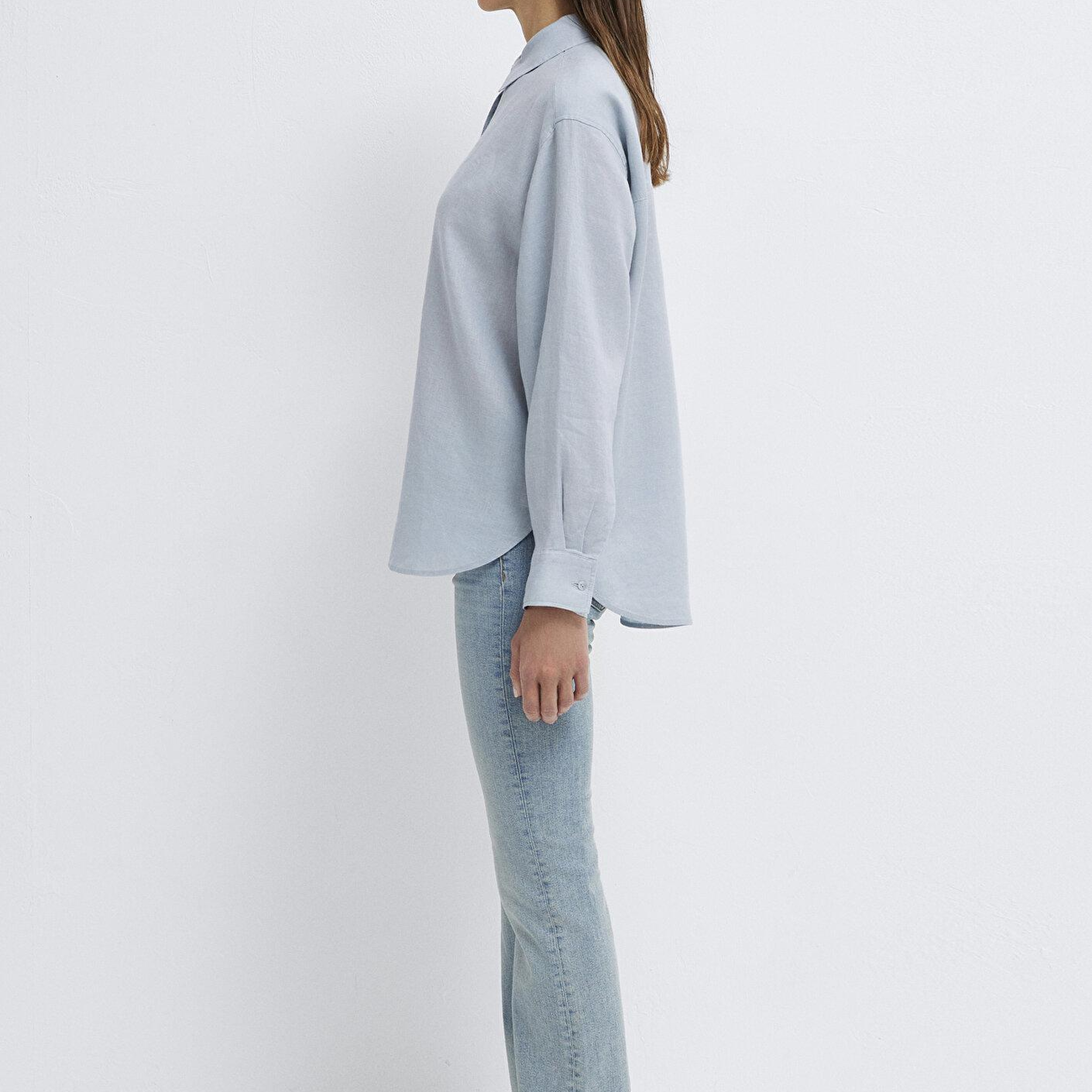 Mavi Açık Mavi Keten Gömlek Loose Fit / Bol Rahat Kesim 1210747-70802