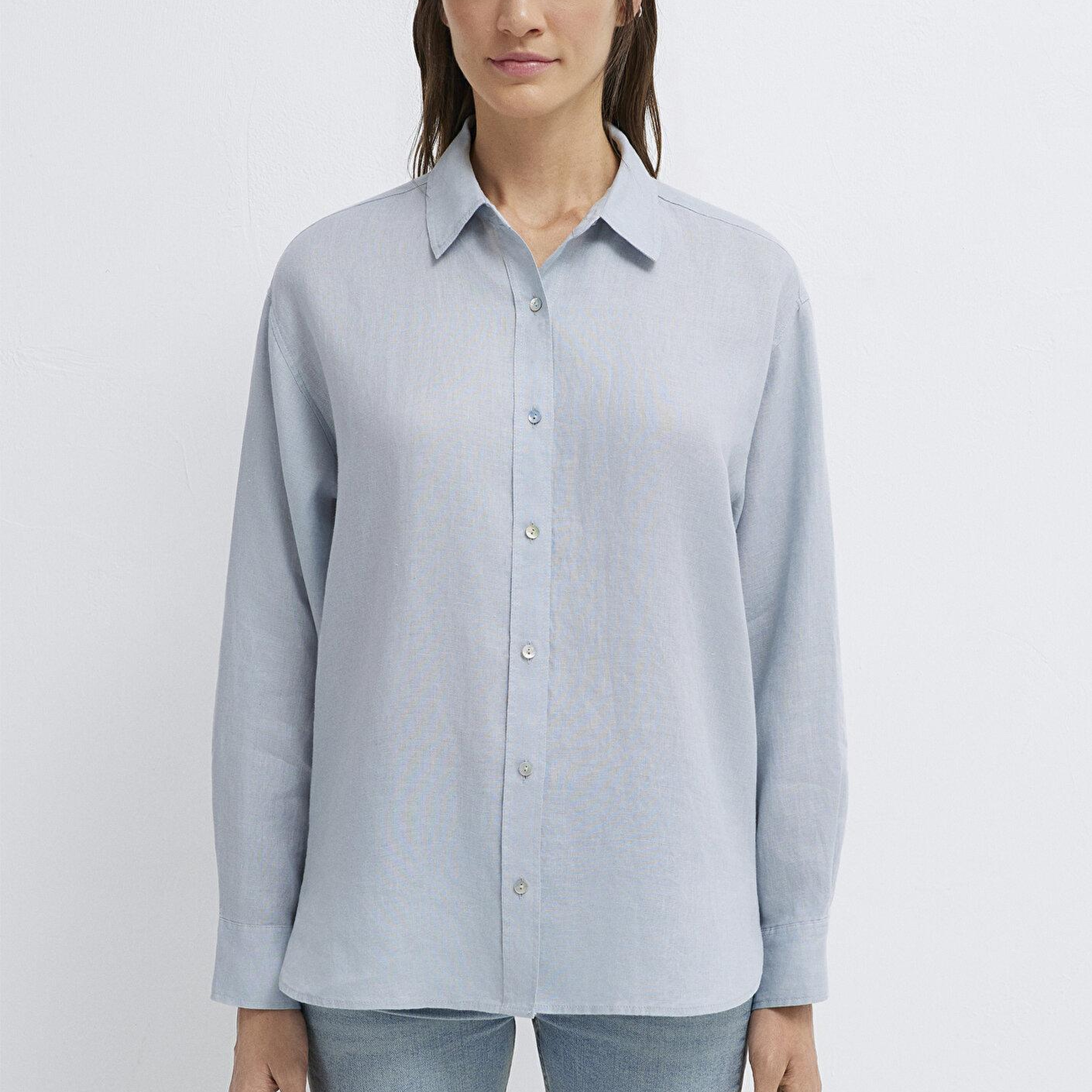 Mavi Açık Mavi Keten Gömlek Loose Fit / Bol Rahat Kesim 1210747-70802