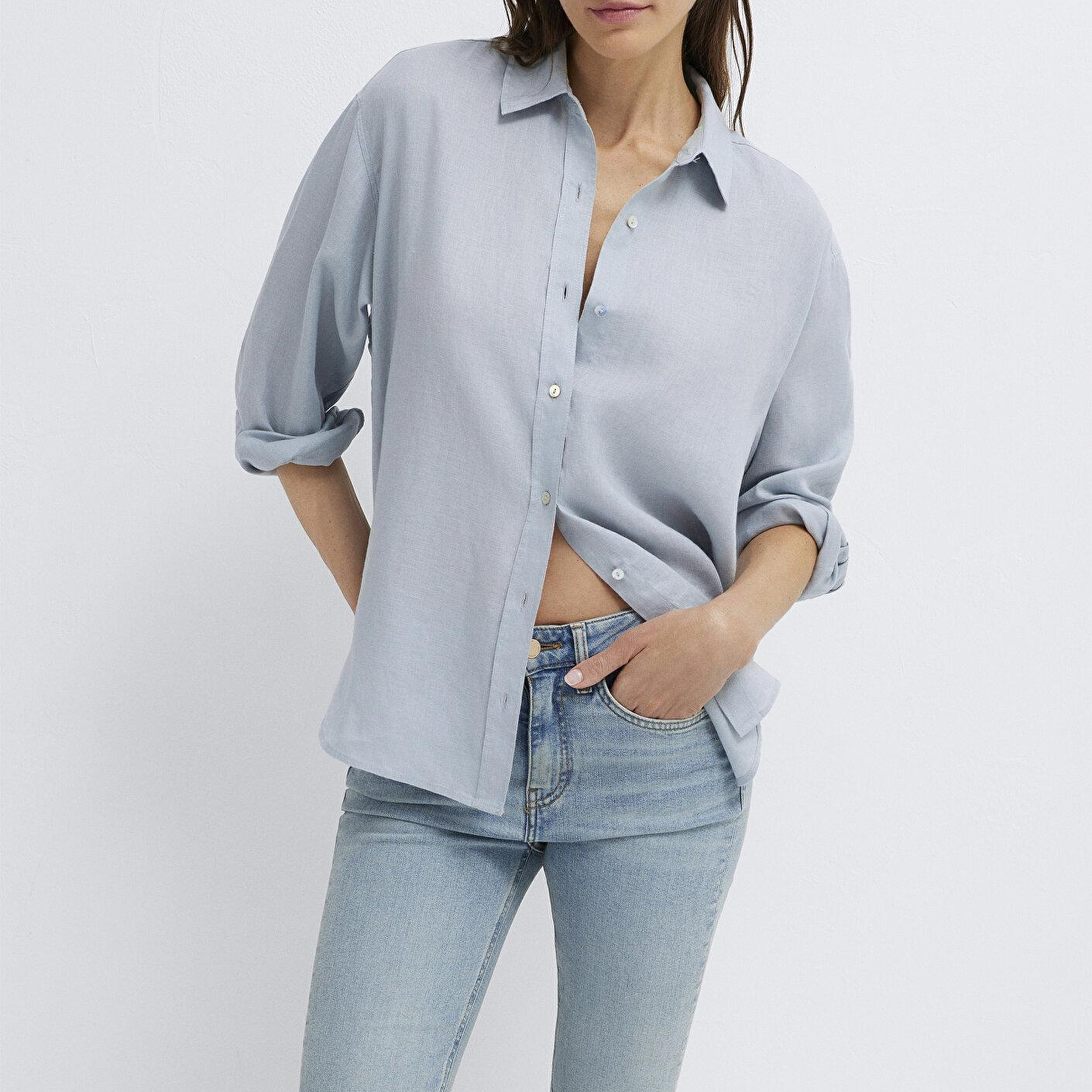 Mavi Açık Mavi Keten Gömlek Loose Fit / Bol Rahat Kesim 1210747-70802