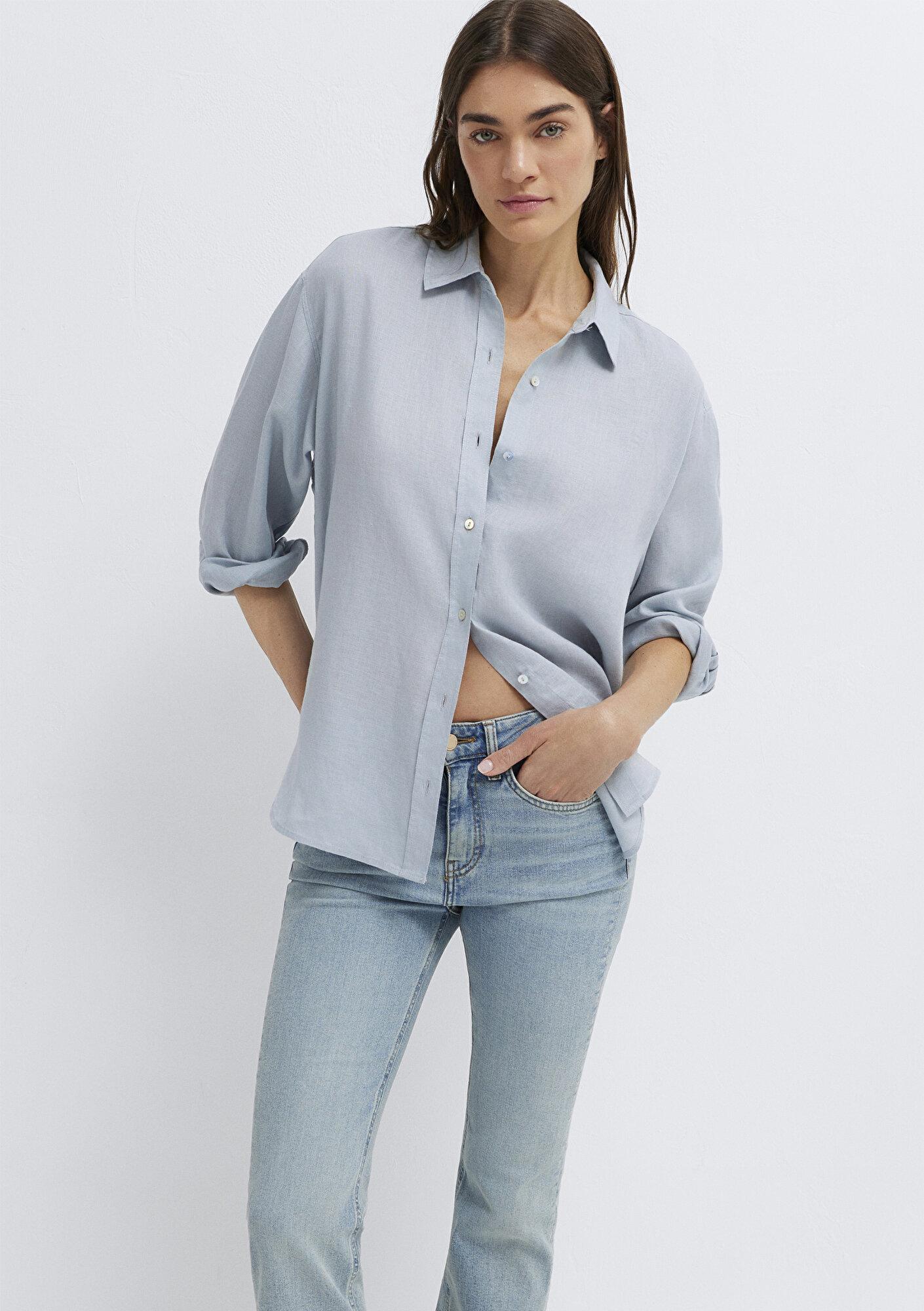 Mavi Açık Mavi Keten Gömlek Loose Fit / Bol Rahat Kesim 1210747-70802