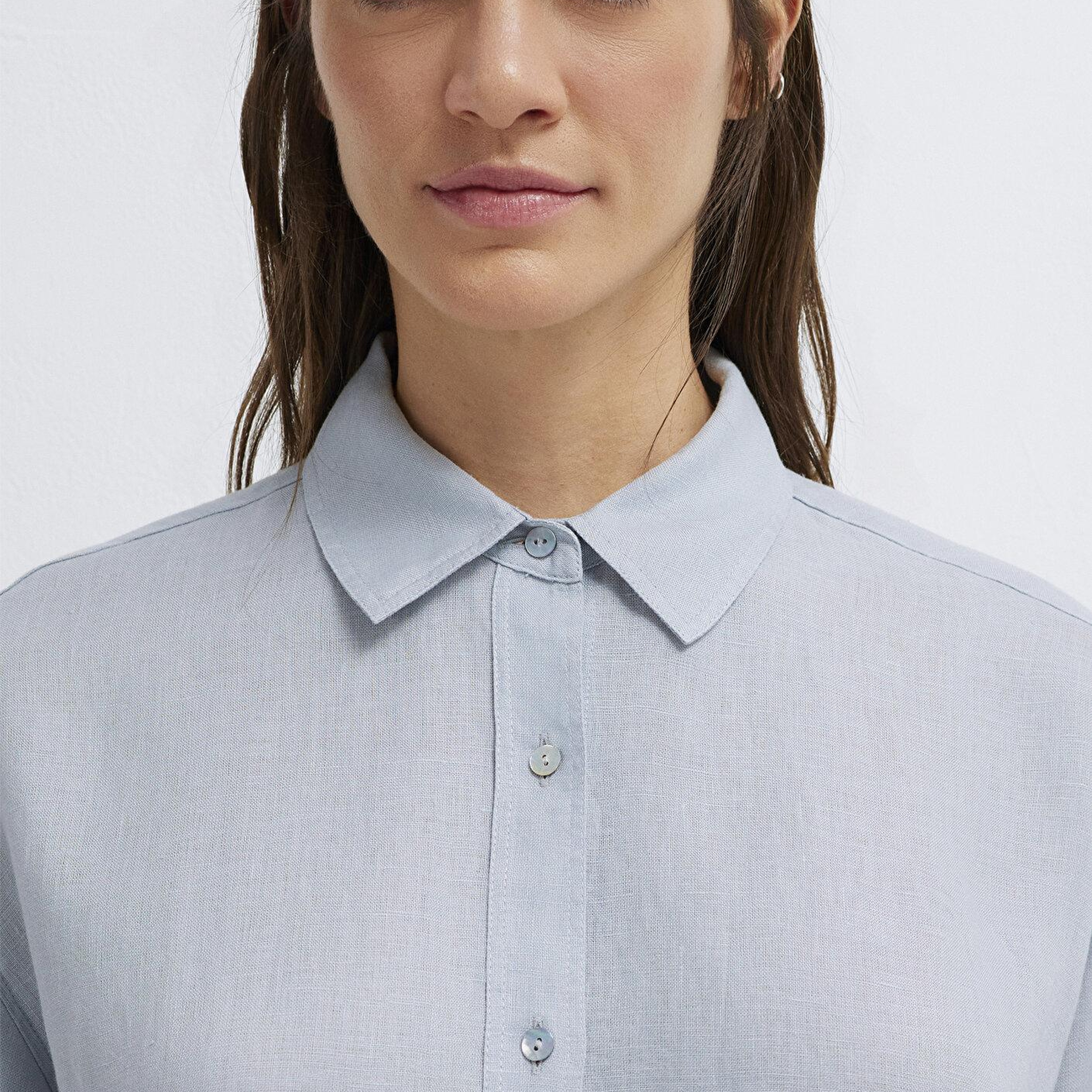 Mavi Açık Mavi Keten Gömlek Loose Fit / Bol Rahat Kesim 1210747-70802