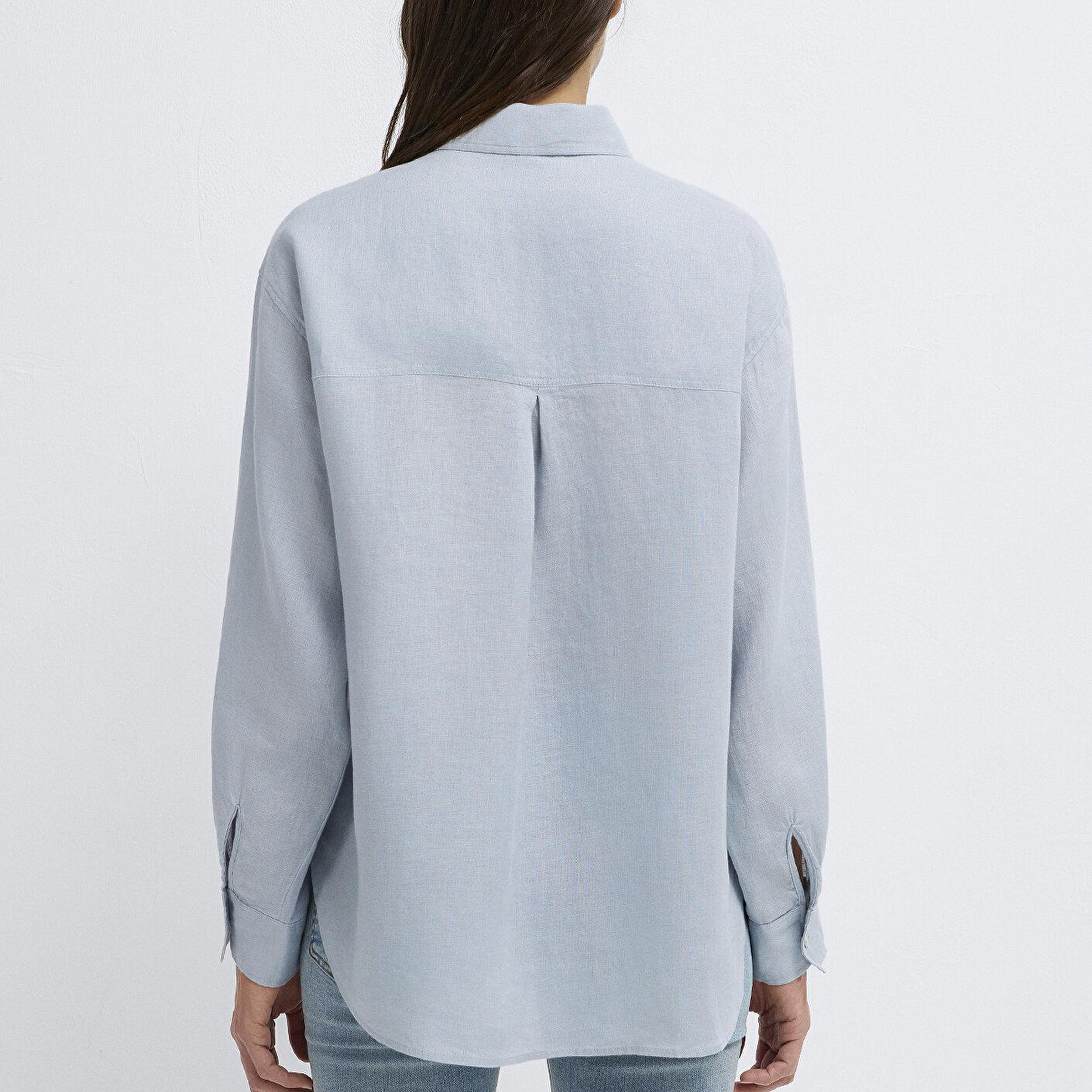 Mavi Açık Mavi Keten Gömlek Loose Fit / Bol Rahat Kesim 1210747-70802