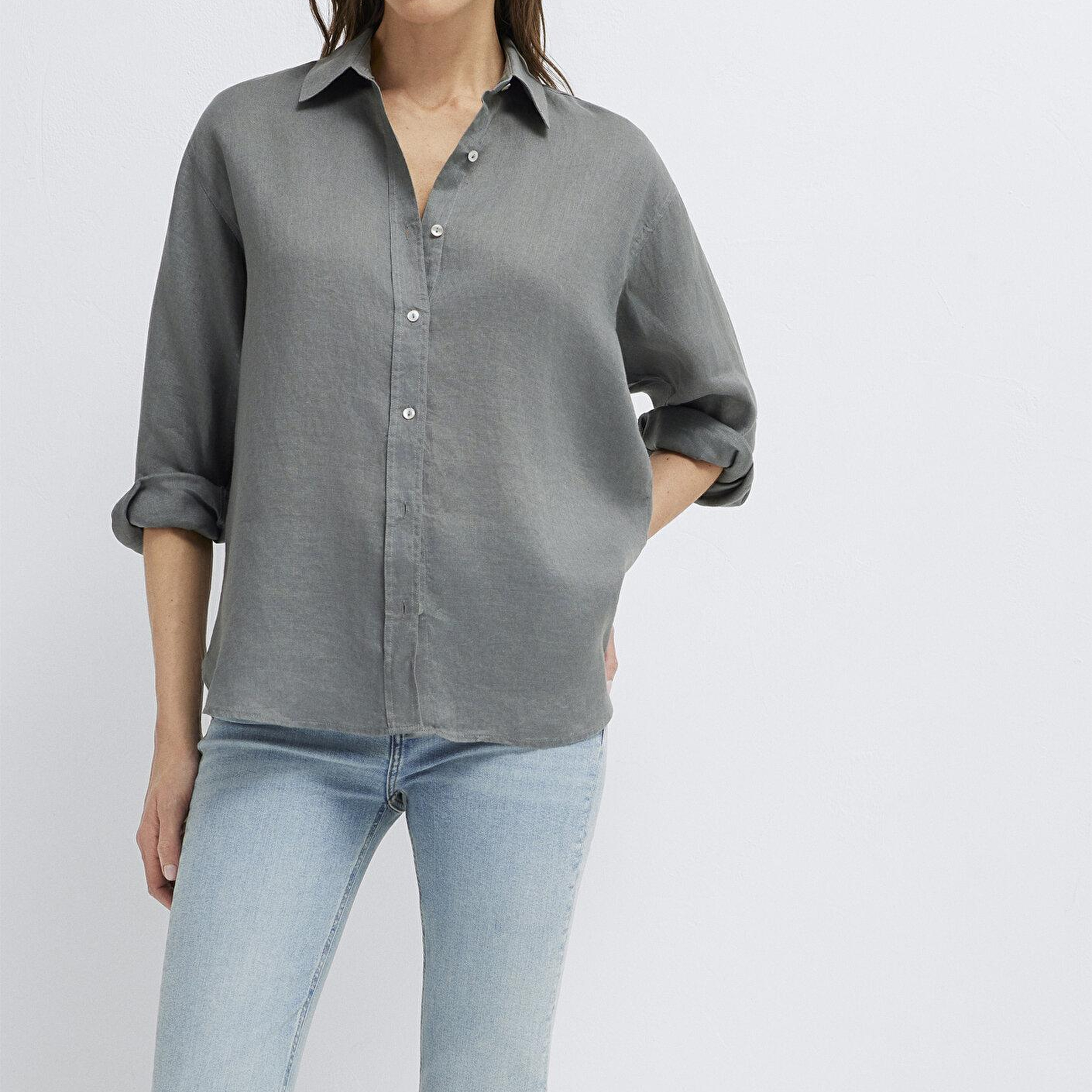 Mavi Yeşil Keten Gömlek Loose Fit / Bol Rahat Kesim 1210747-70132