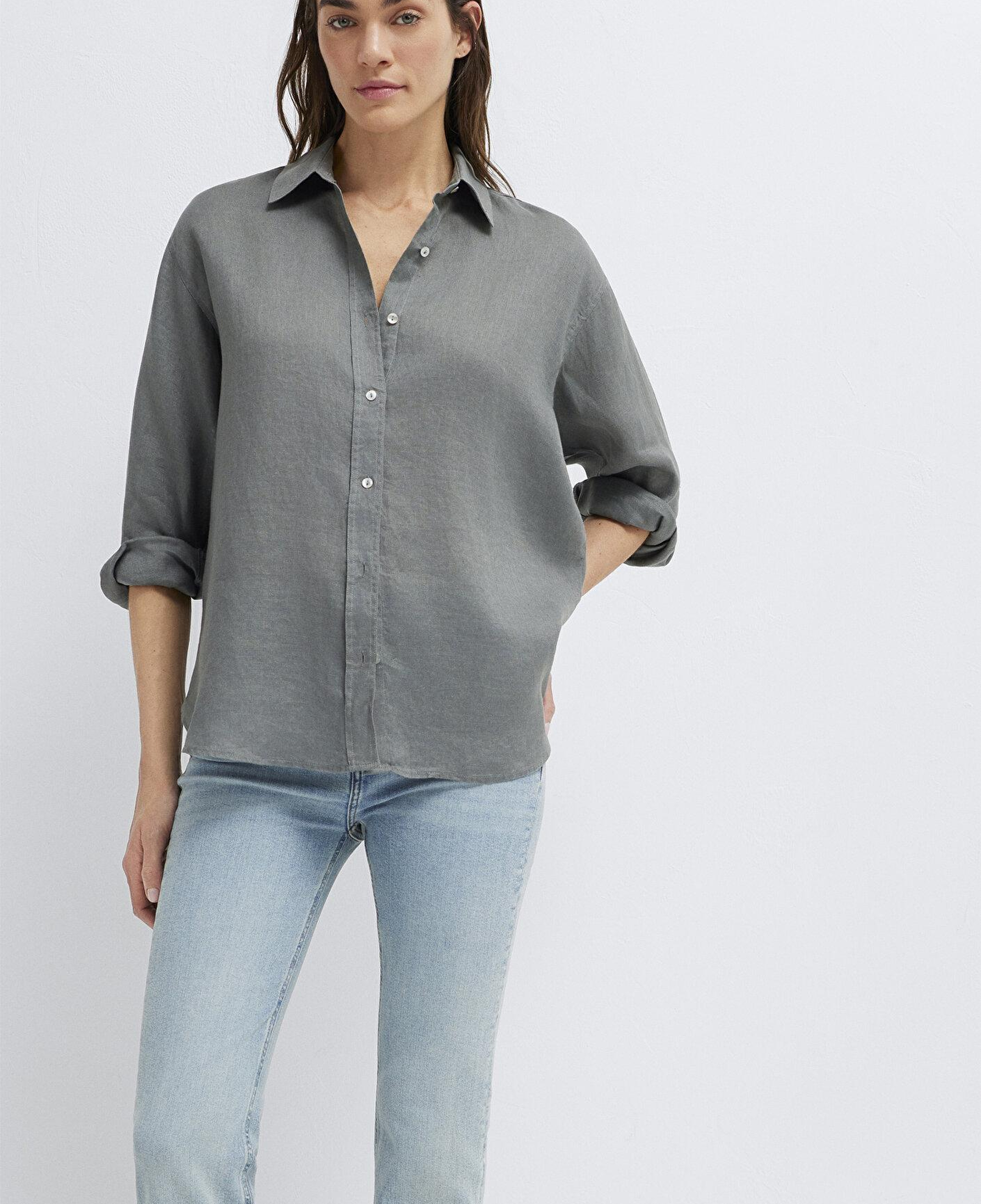 Mavi Yeşil Keten Gömlek Loose Fit / Bol Rahat Kesim 1210747-70132