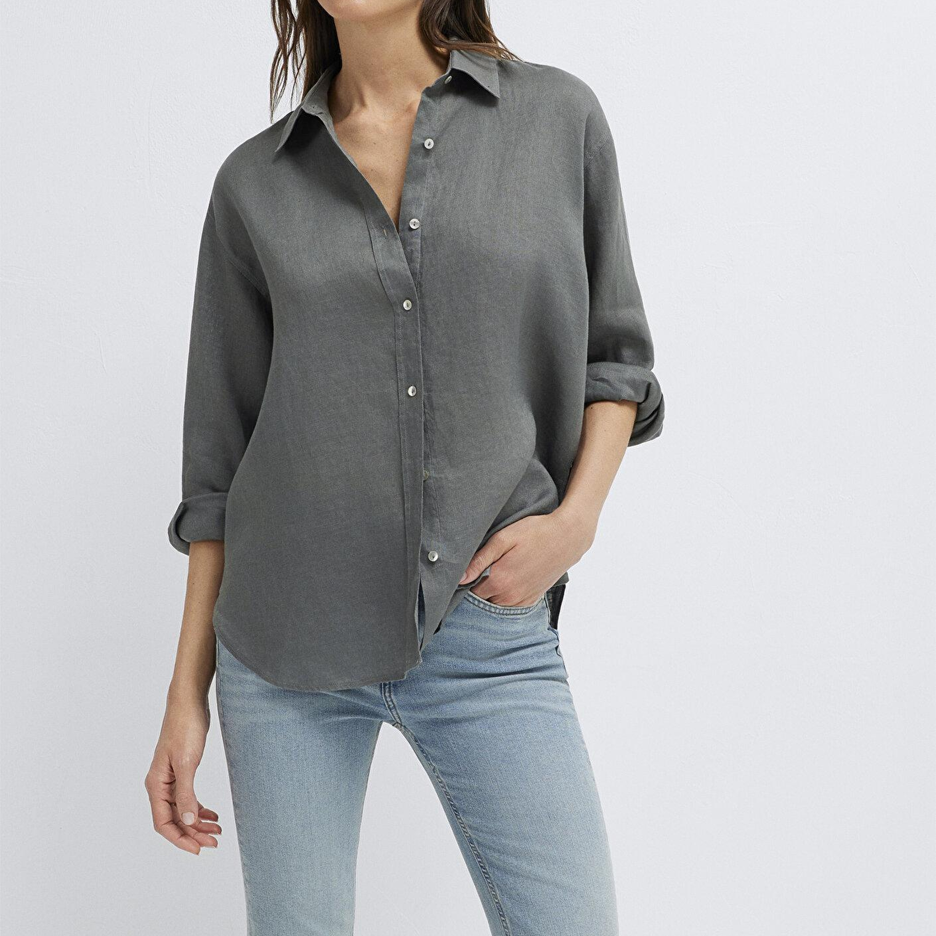 Mavi Yeşil Keten Gömlek Loose Fit / Bol Rahat Kesim 1210747-70132