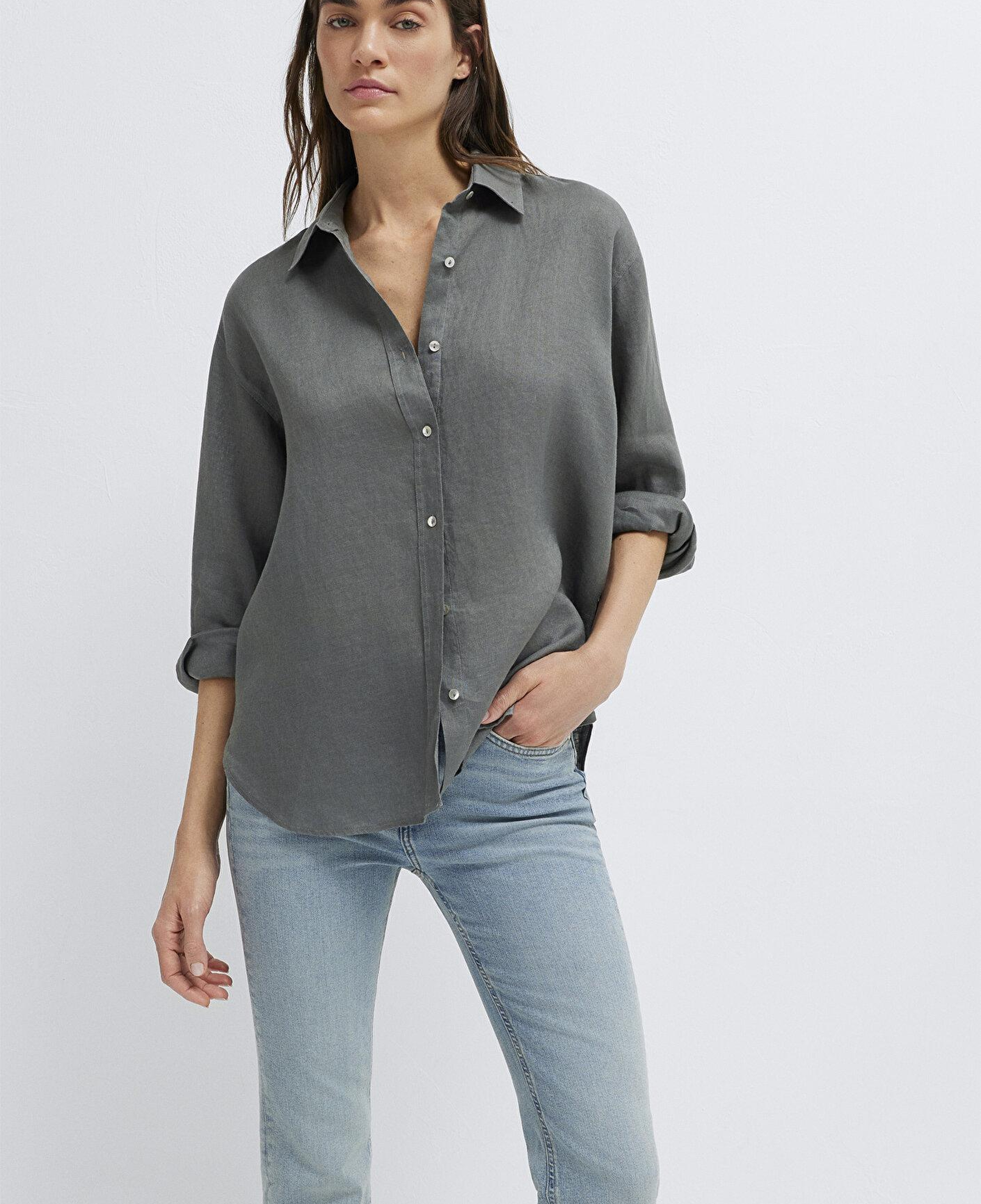 Mavi Yeşil Keten Gömlek Loose Fit / Bol Rahat Kesim 1210747-70132