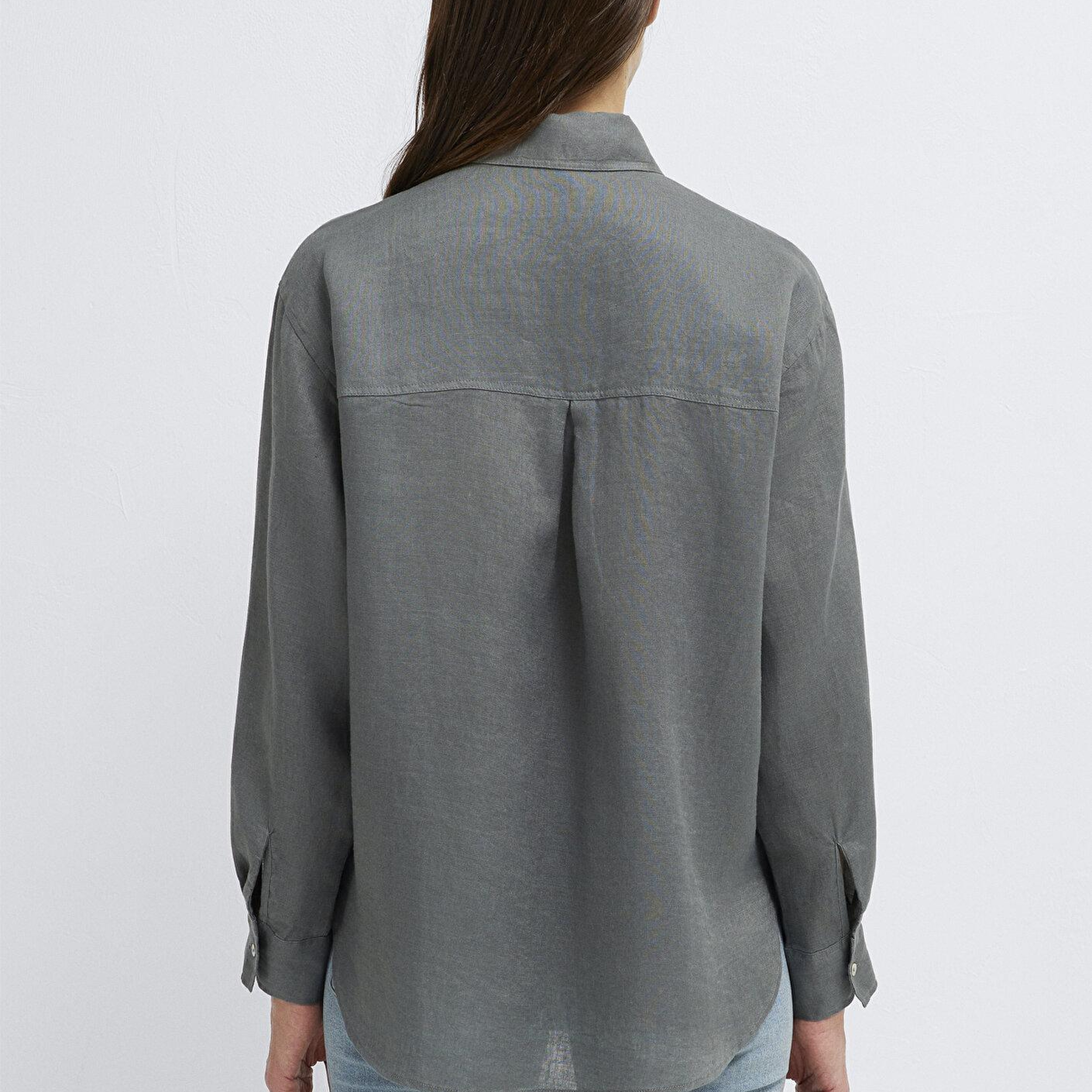 Mavi Yeşil Keten Gömlek Loose Fit / Bol Rahat Kesim 1210747-70132