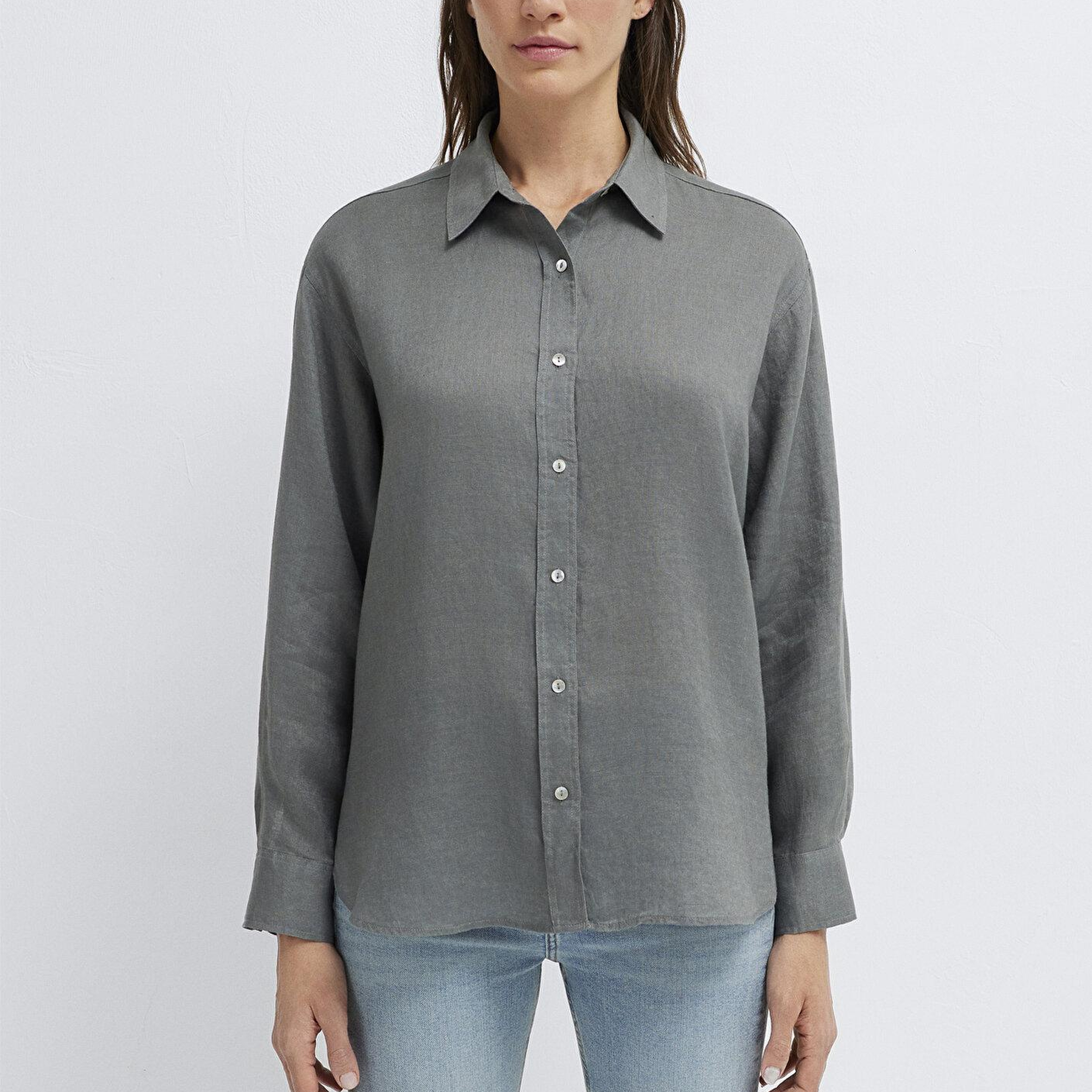 Mavi Yeşil Keten Gömlek Loose Fit / Bol Rahat Kesim 1210747-70132