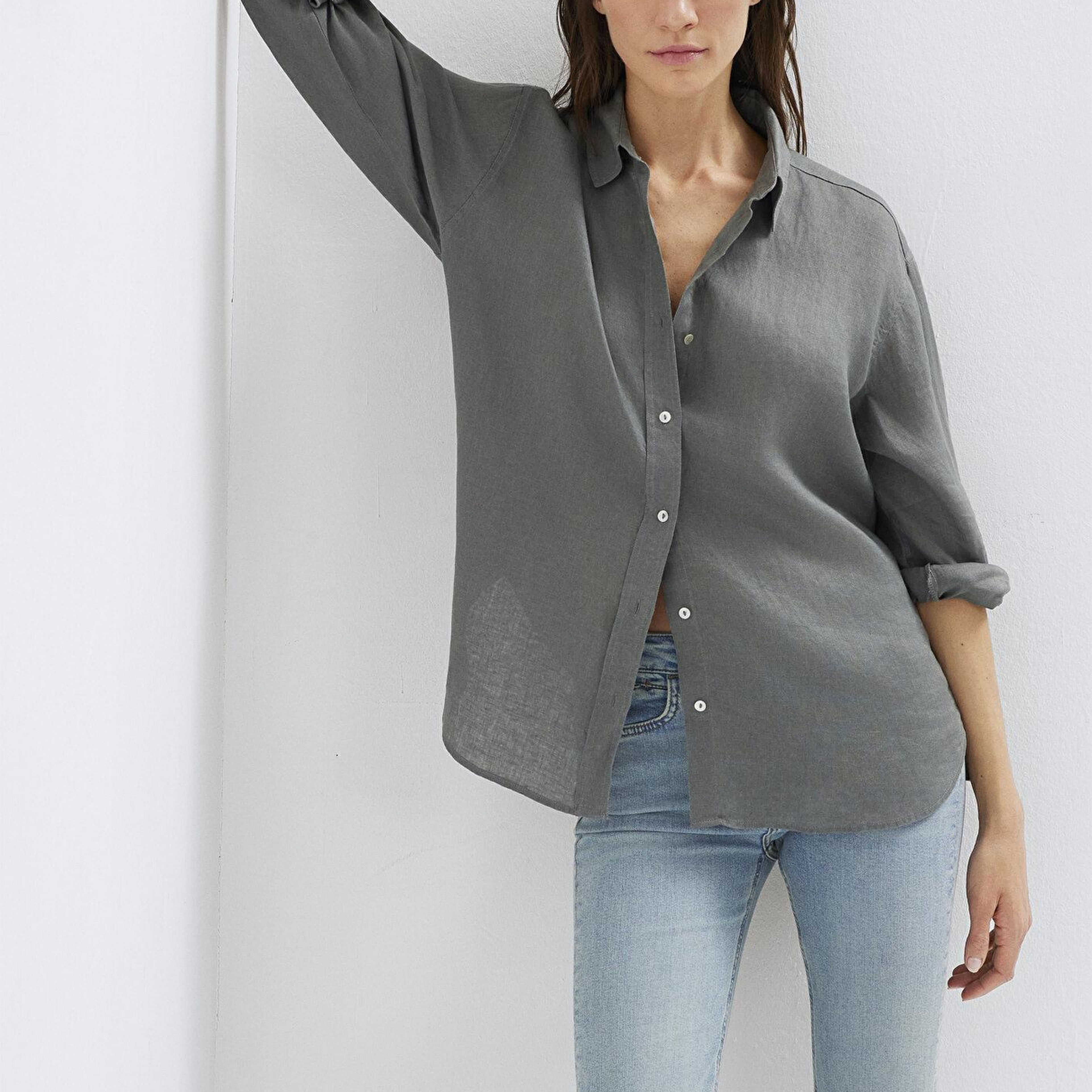 Mavi Yeşil Keten Gömlek Loose Fit / Bol Rahat Kesim 1210747-70132
