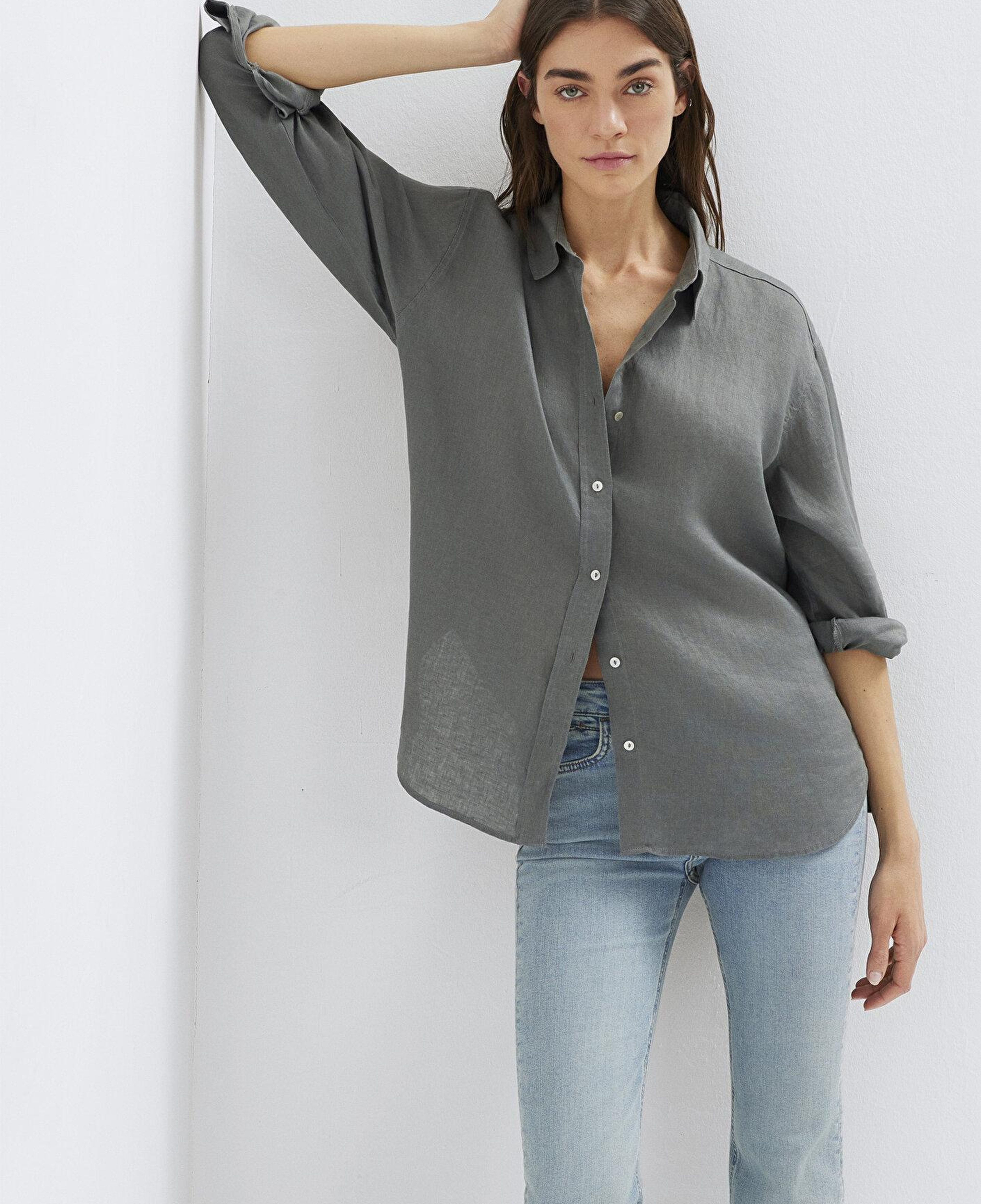Mavi Yeşil Keten Gömlek Loose Fit / Bol Rahat Kesim 1210747-70132