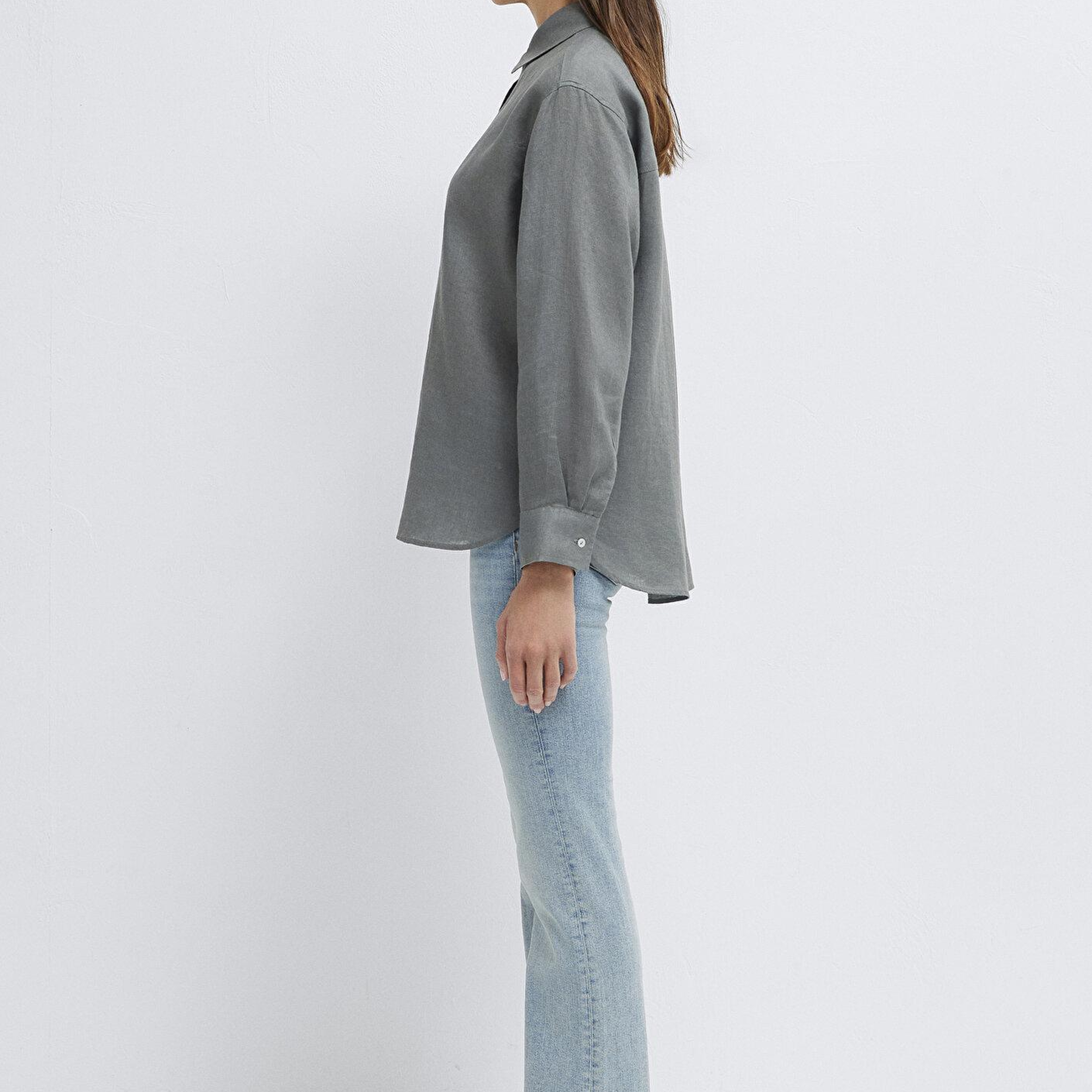 Mavi Yeşil Keten Gömlek Loose Fit / Bol Rahat Kesim 1210747-70132