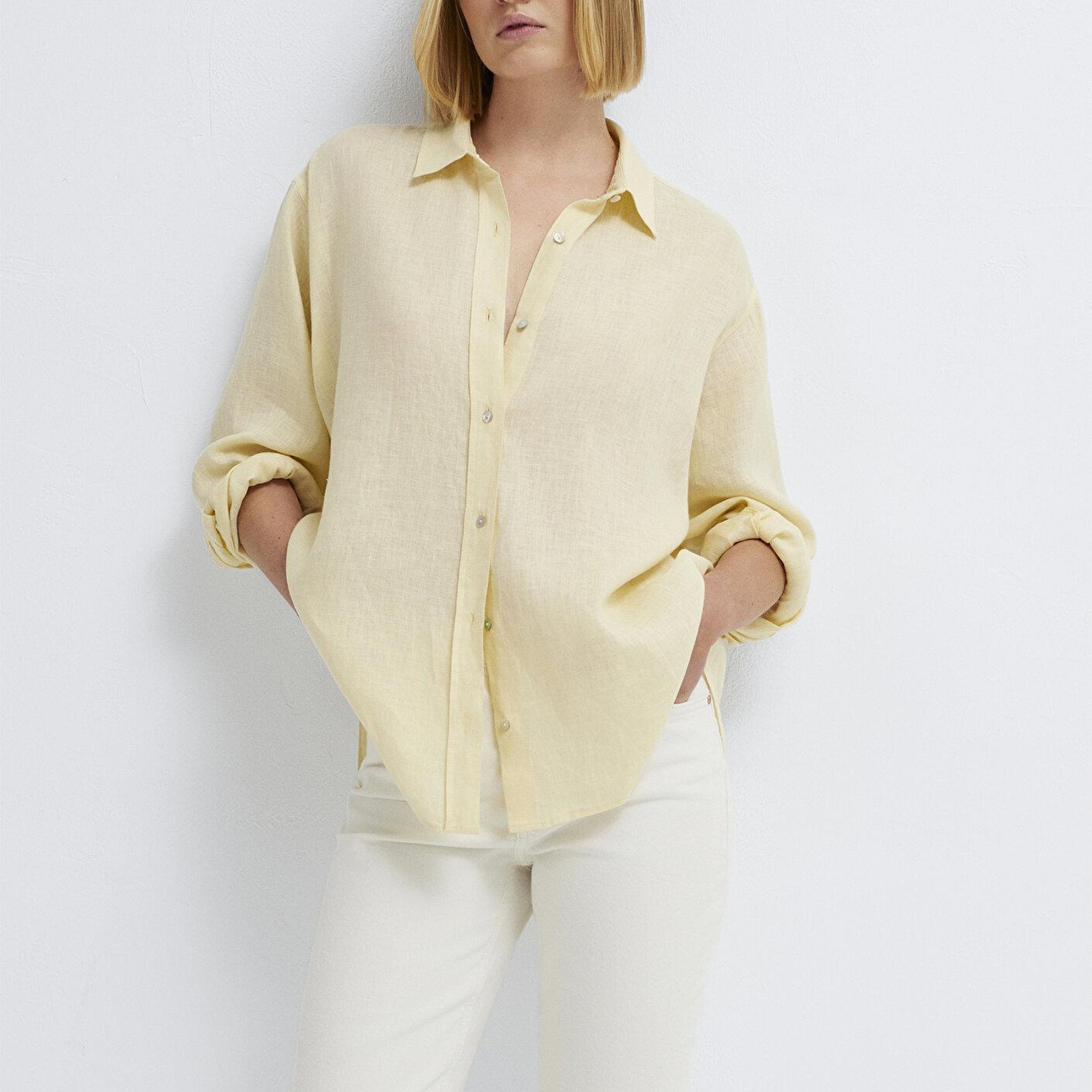 Mavi Sarı Keten Gömlek Loose Fit / Bol Rahat Kesim 1210747-84571