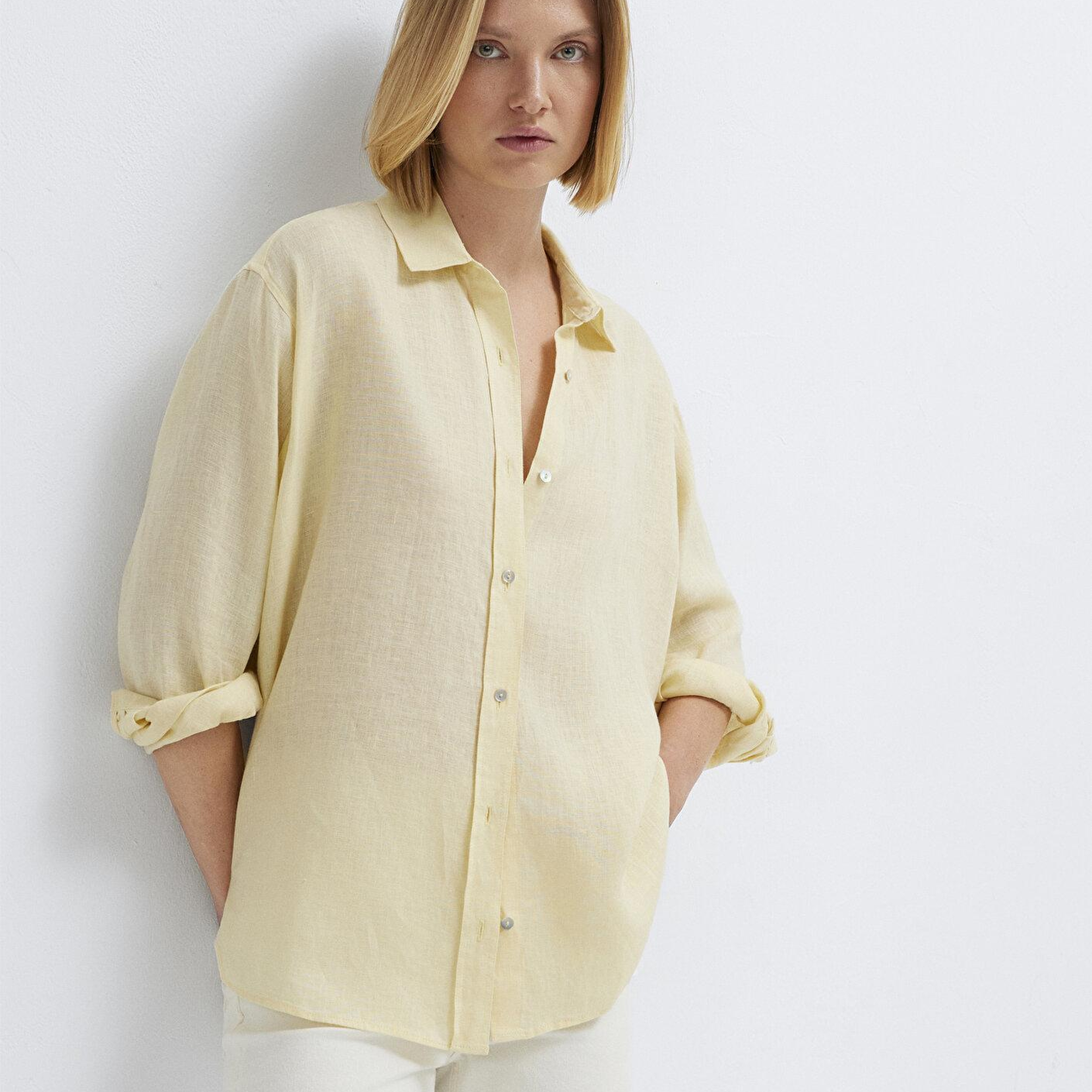 Mavi Sarı Keten Gömlek Loose Fit / Bol Rahat Kesim 1210747-84571