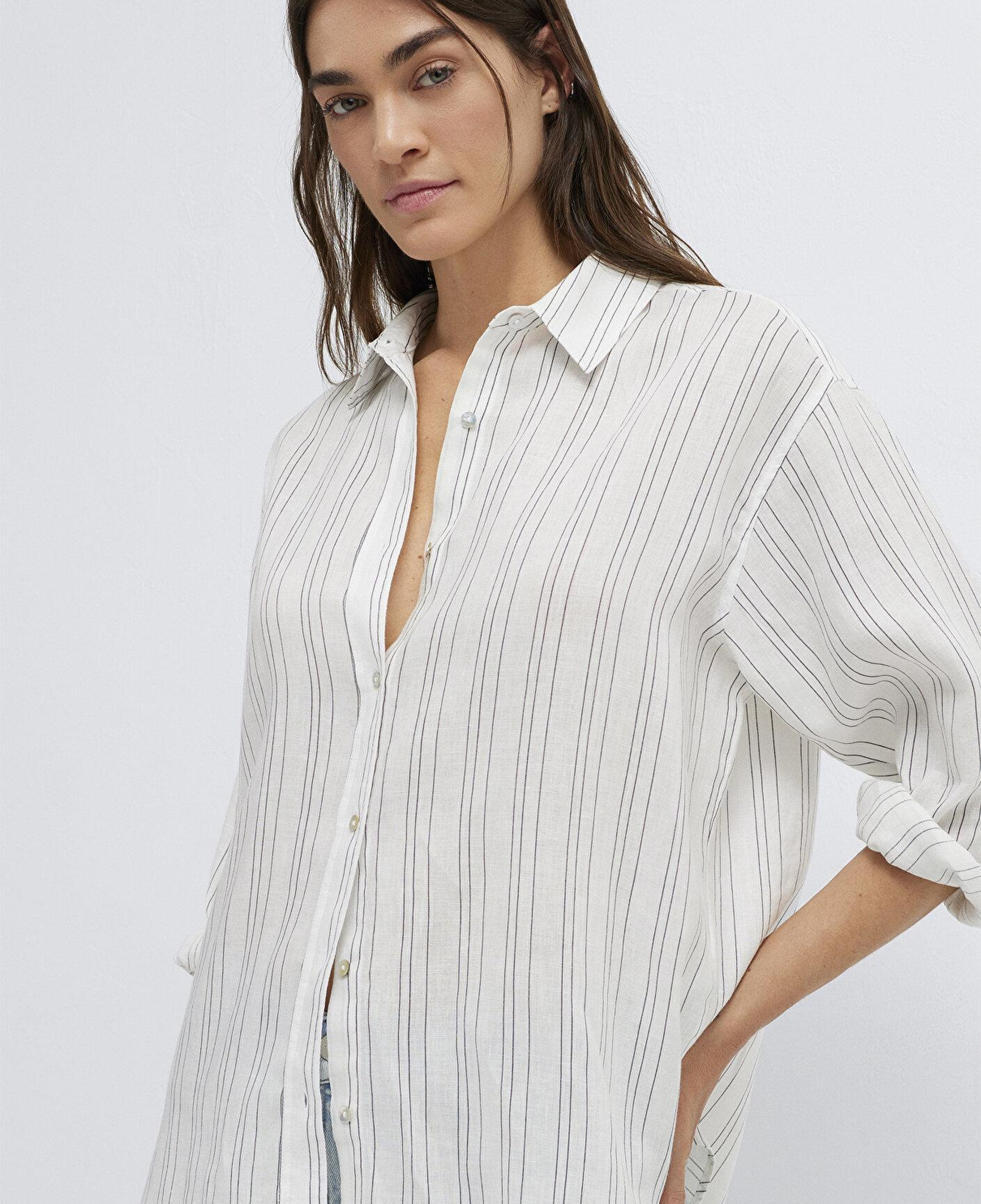 Mavi Siyah Çizgili Beyaz Keten Gömlek Oversize / Geniş Kesim 1210748-81510