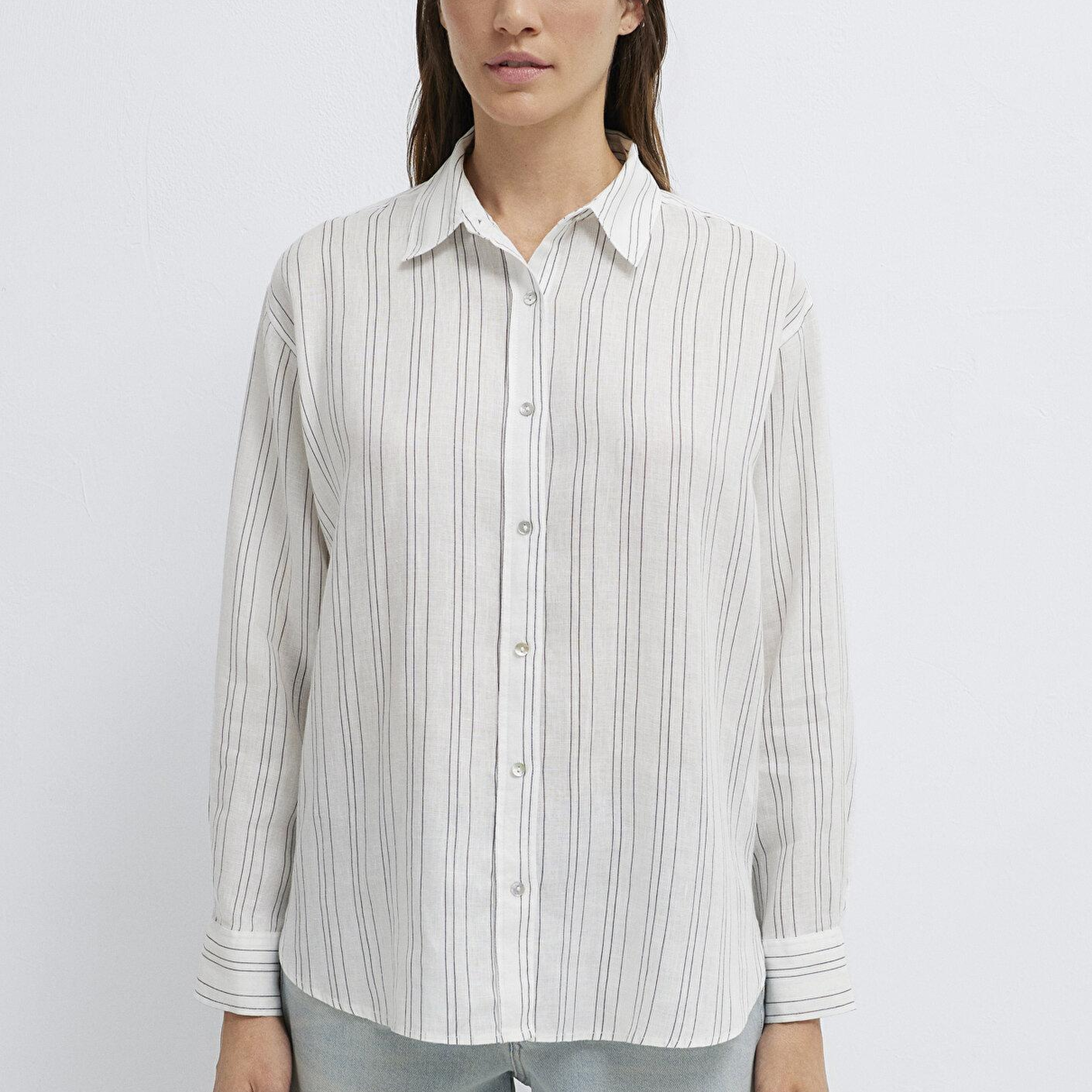 Mavi Siyah Çizgili Beyaz Keten Gömlek Oversize / Geniş Kesim 1210748-81510
