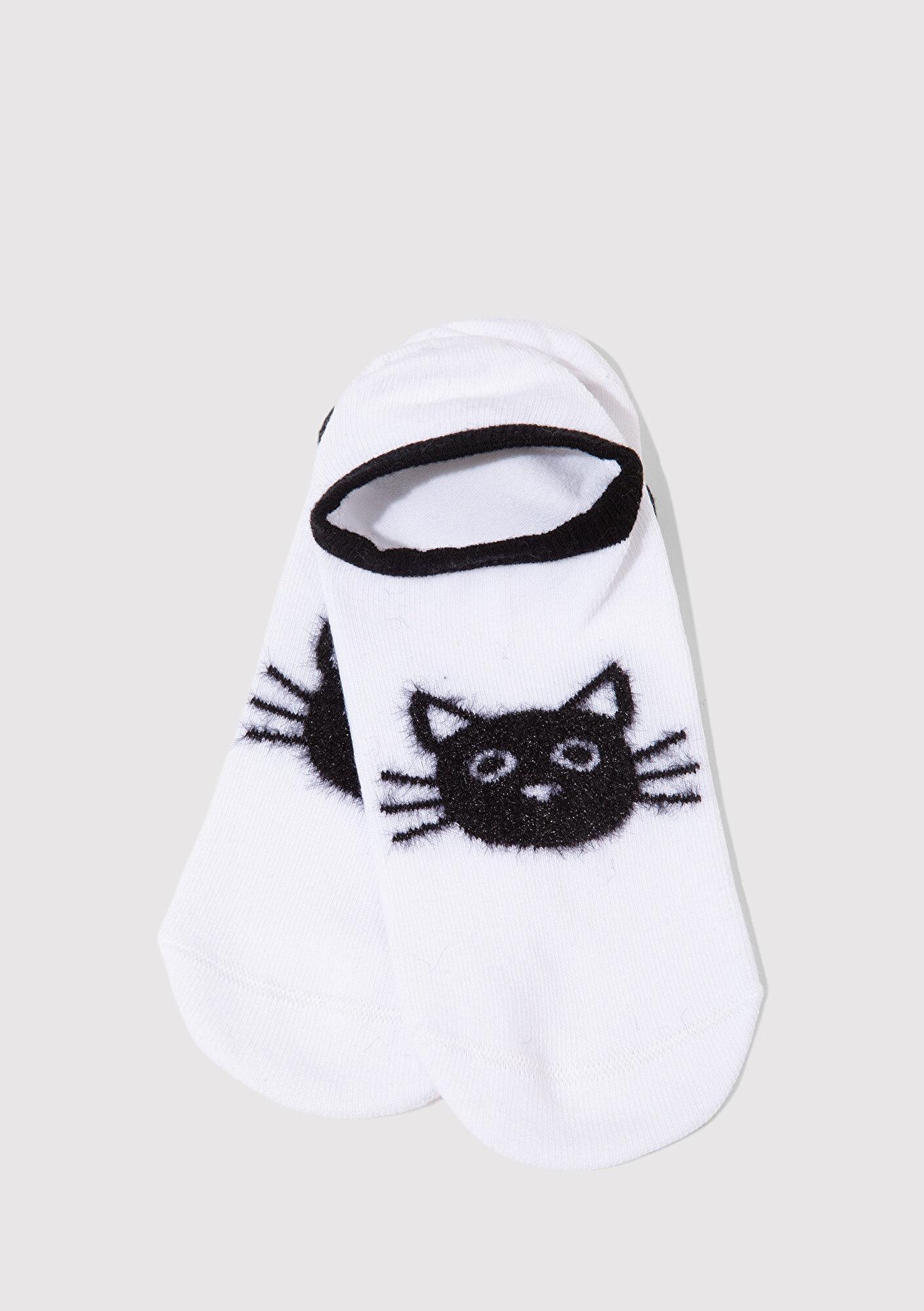 Mavi Kedi Baskılı Beyaz Babet Çorap 1911854-70094