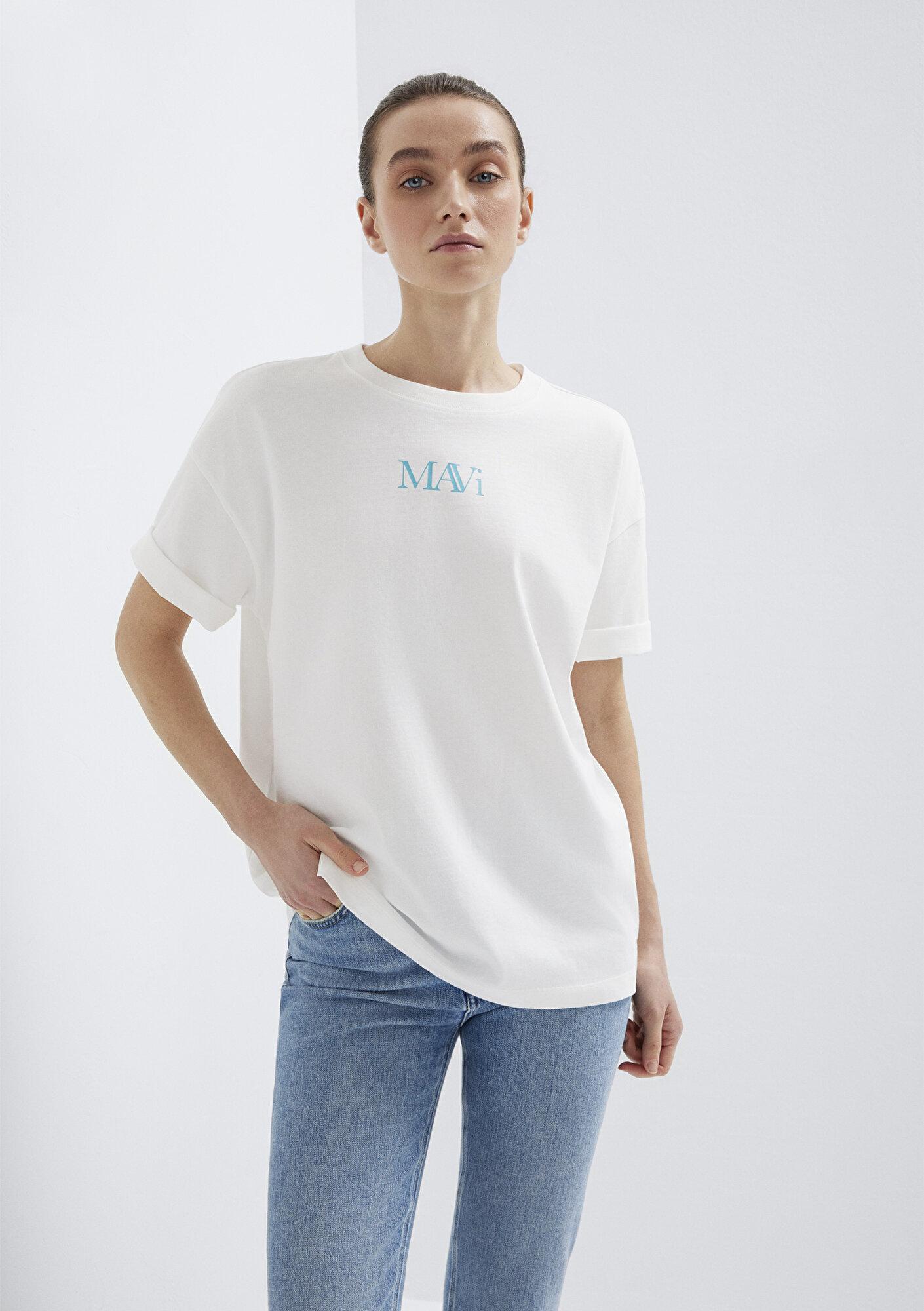 Mavi Mavi Logo Baskılı Ekru Tişört Oversize / Geniş Kesim 1611593-70057
