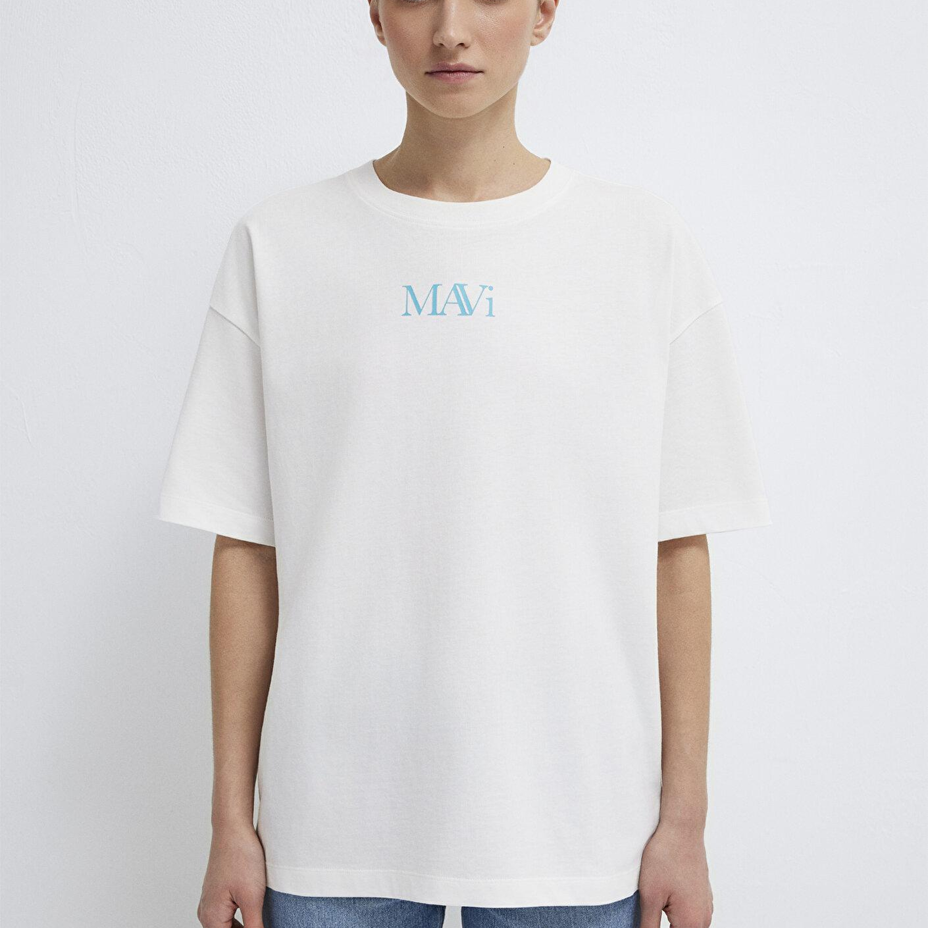 Mavi Mavi Logo Baskılı Ekru Tişört Oversize / Geniş Kesim 1611593-70057