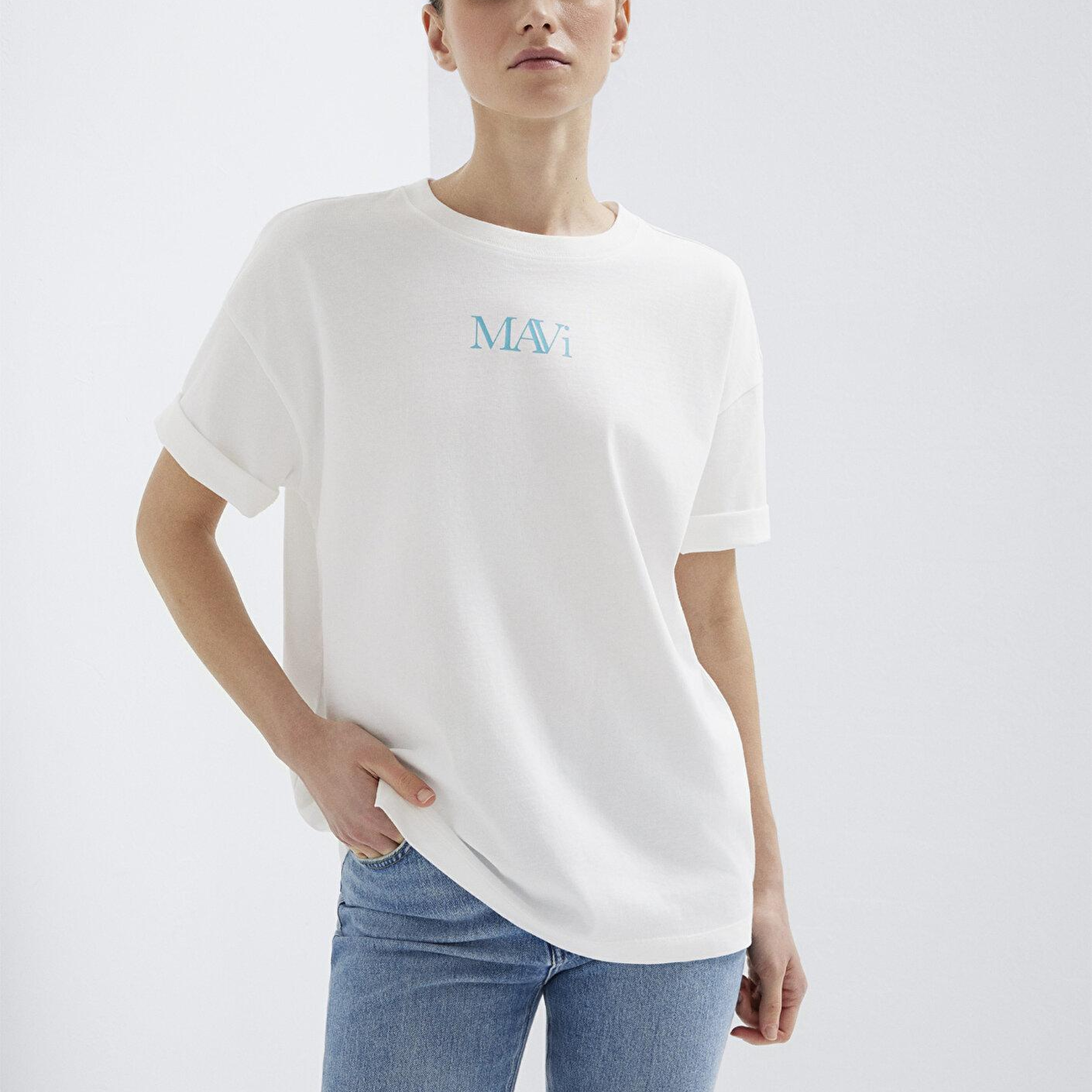 Mavi Mavi Logo Baskılı Ekru Tişört Oversize / Geniş Kesim 1611593-70057