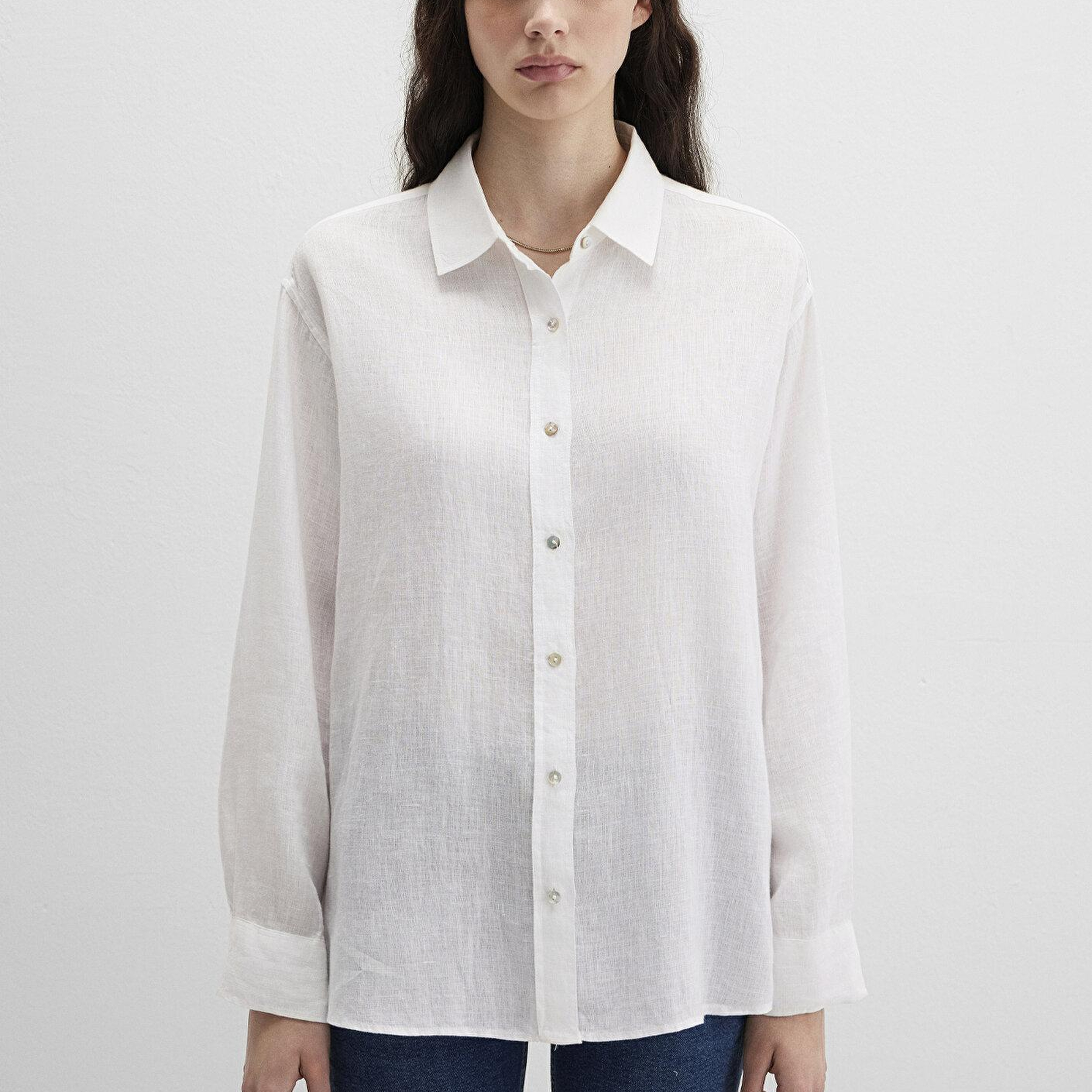 Mavi Beyaz Keten Gömlek Loose Fit / Bol Rahat Kesim 1210747-620