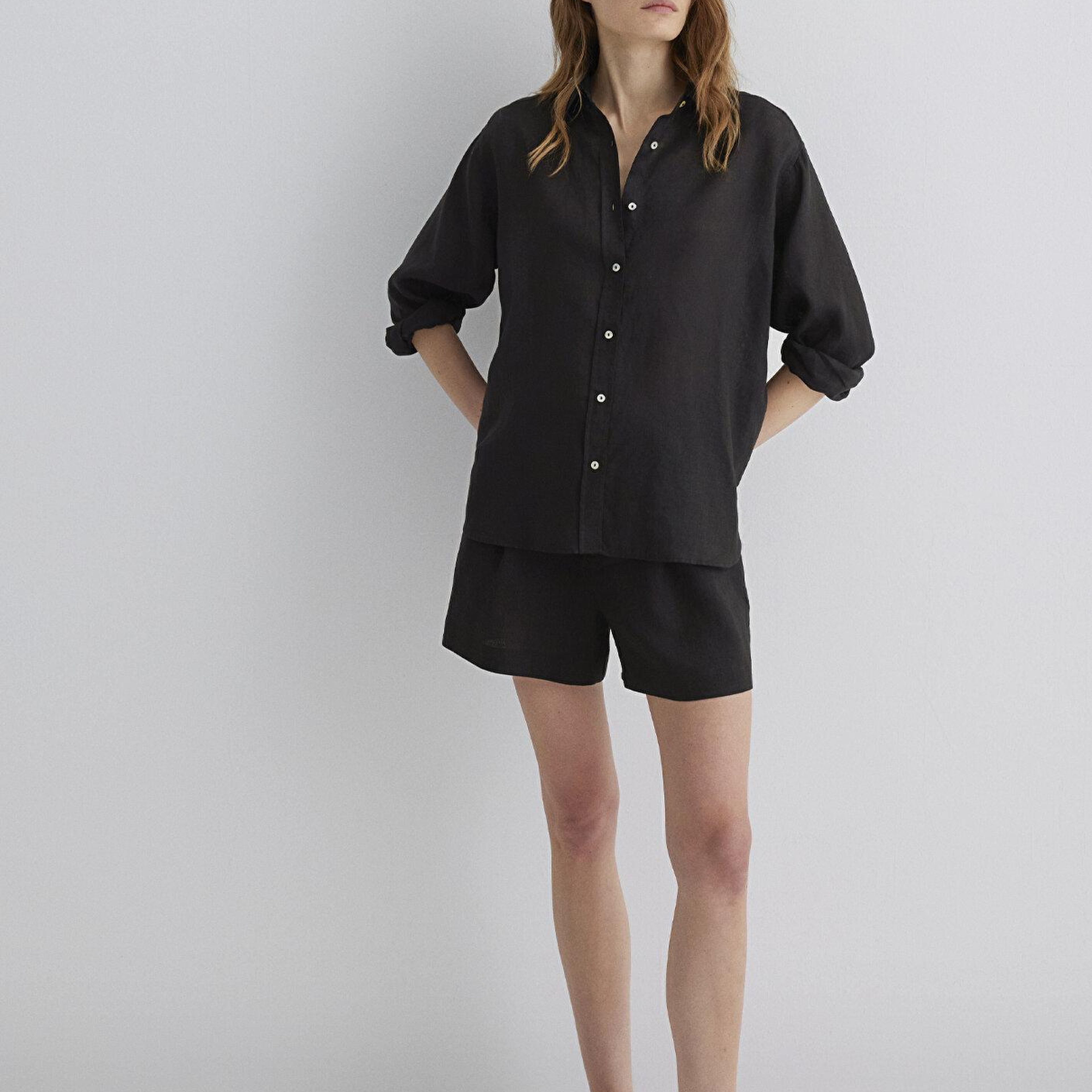 Mavi Siyah Keten Gömlek Loose Fit / Bol Rahat Kesim 1210747-900